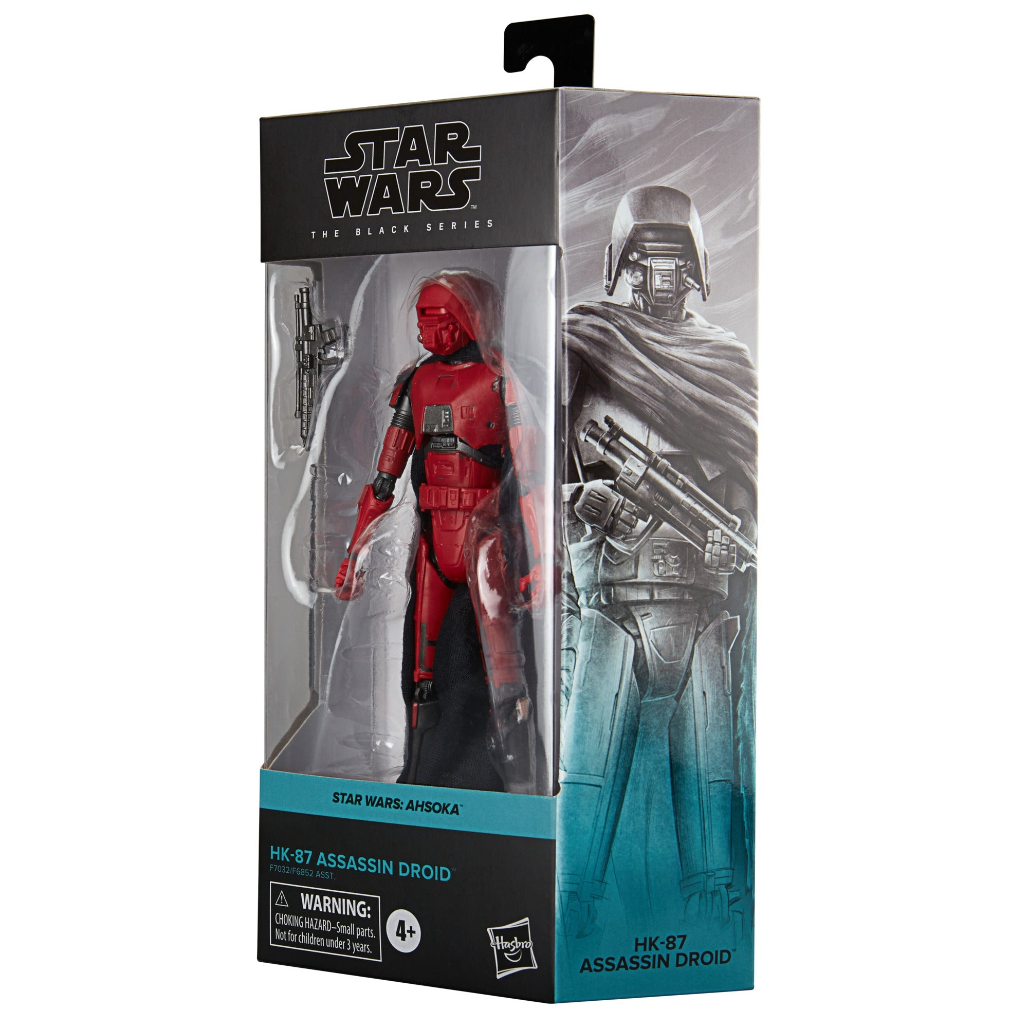 Eine Star Wars-Actionfigur, HK-87 Assassin Droid, in einem rot-schwarzen Anzug, in einer Box mit Bildern der Figur.
