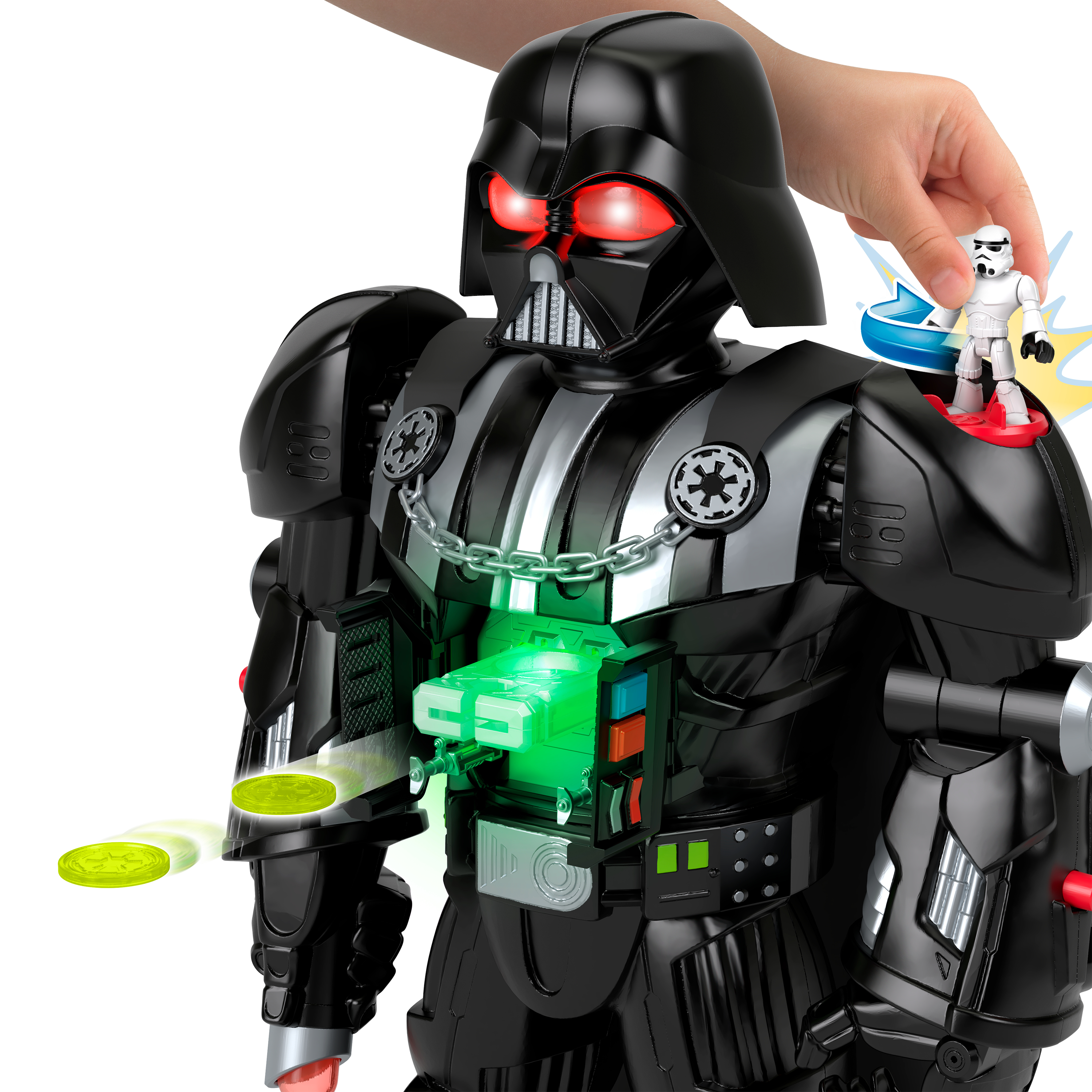 Zabawka Darth Vader z figurką Szturmowca, ręką trzymającą Szturmowca i efektami zielonego światła.