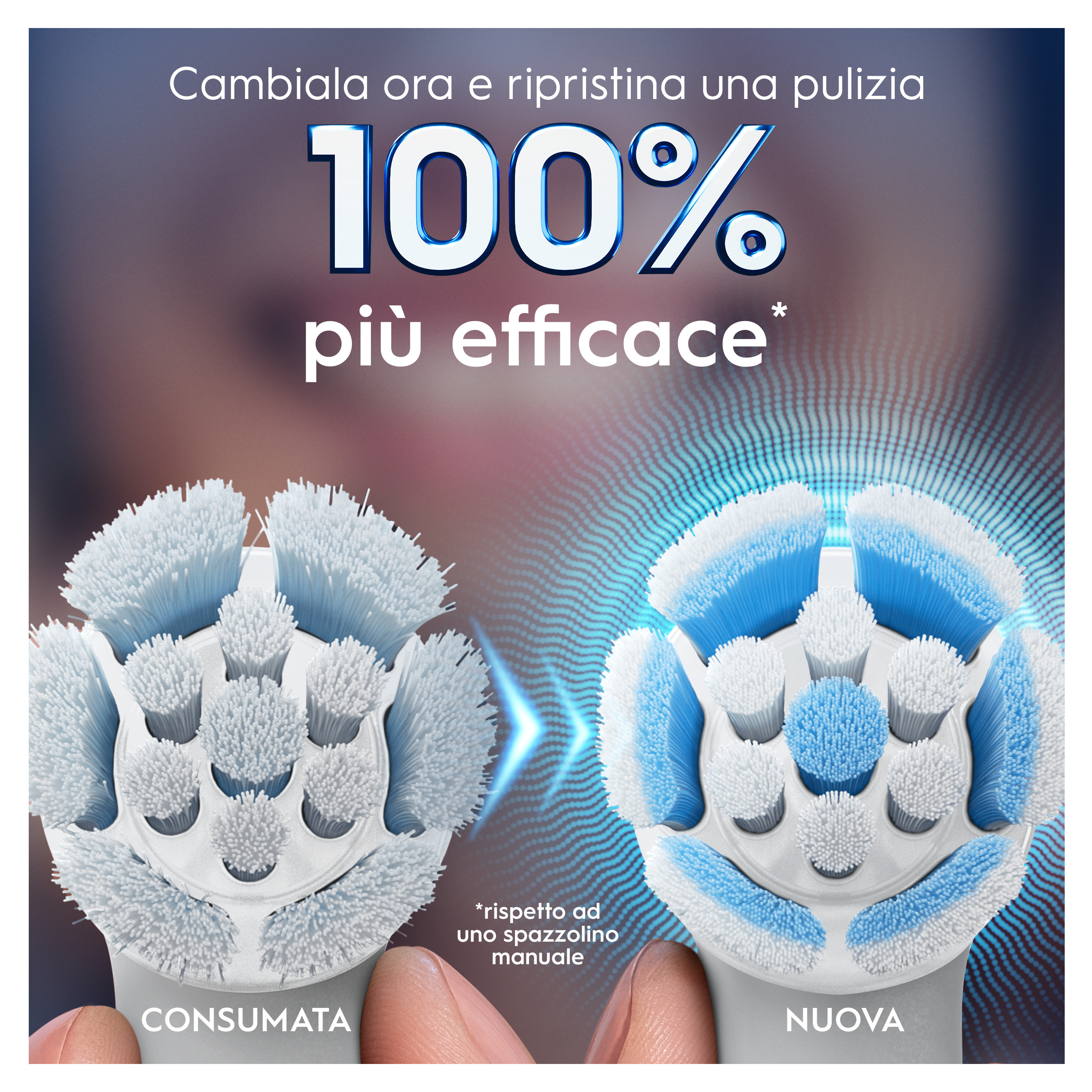 Obraz przedstawia użyte i nowe główki szczoteczki do zębów. Tekst: 100% skuteczniejsze czyszczenie.