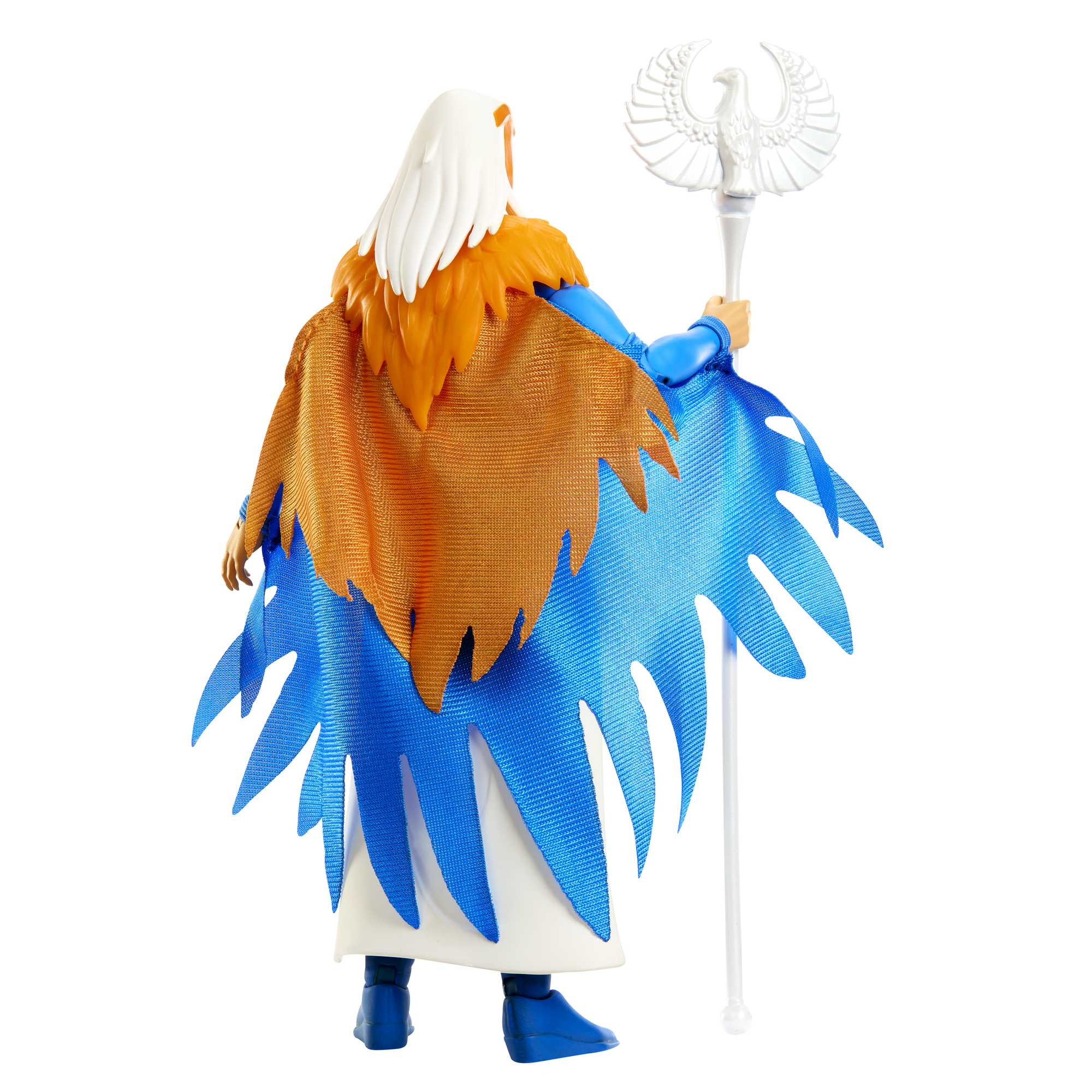 Figura con capelli bianchi, mantello arancione e mantello blu, che tiene in mano un bastone con un'aquila. Sfondo bianco.