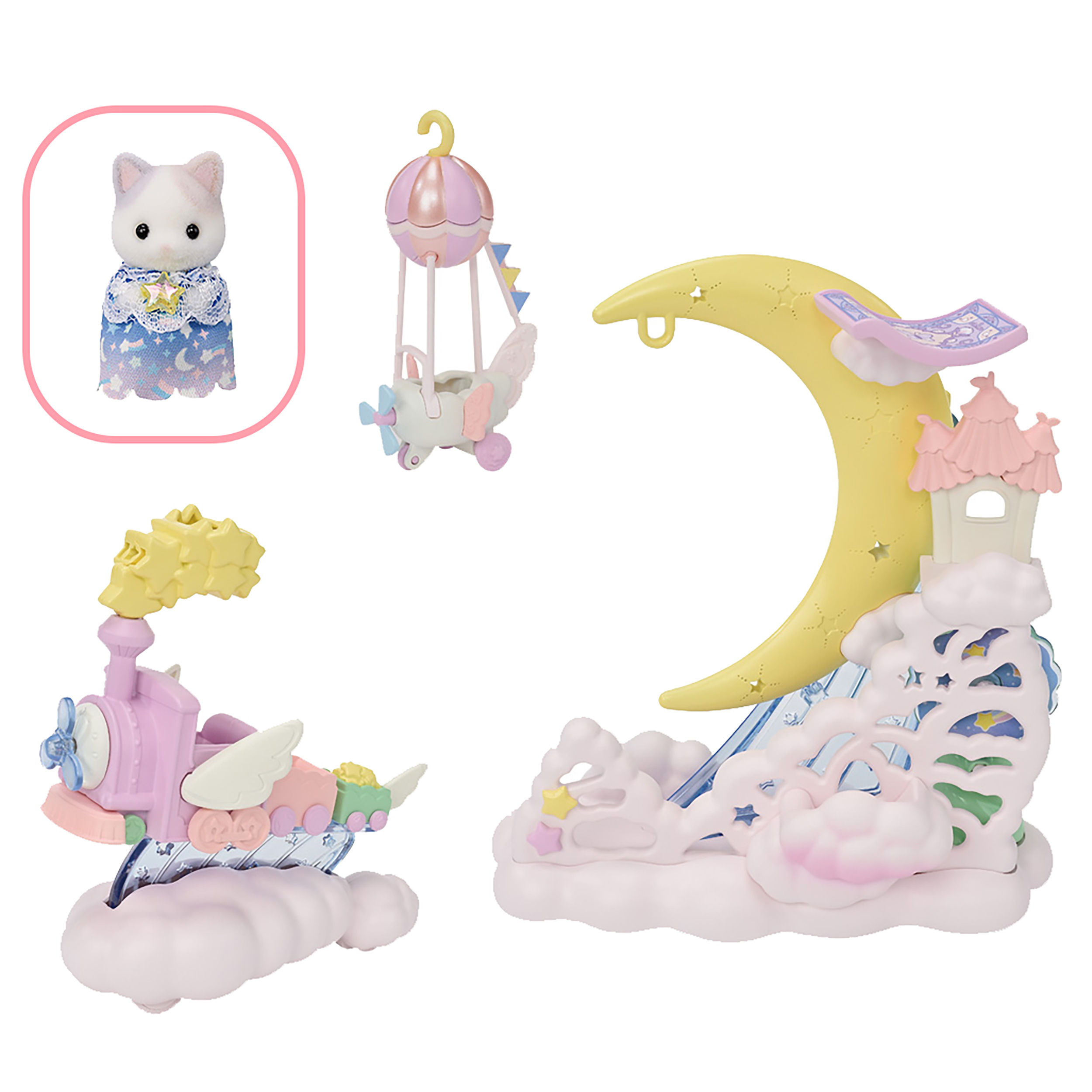 Una figura de gato, un tren volador, un globo aerostático y una decoración en forma de luna con un castillo.