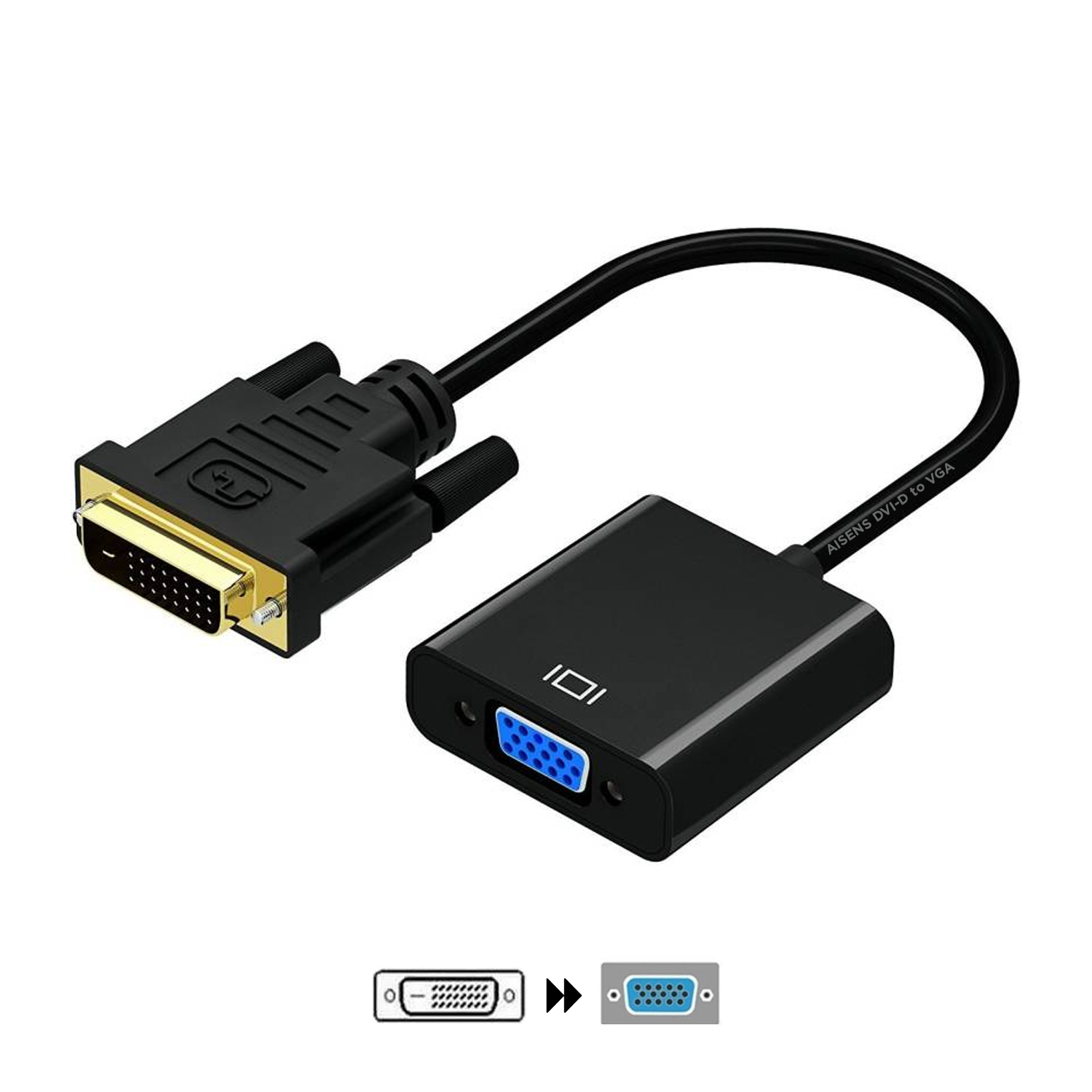 Un cable adaptador DVI-D a VGA. Un extremo tiene un conector DVI-D, el otro un VGA. Cable y conectores negros, fondo blanco.