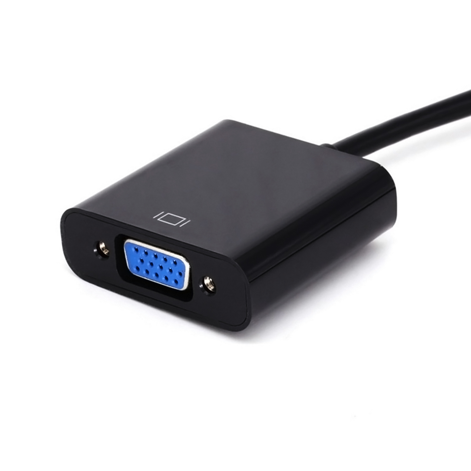 Un adaptador VGA negro con conector azul y cable negro sobre fondo blanco.