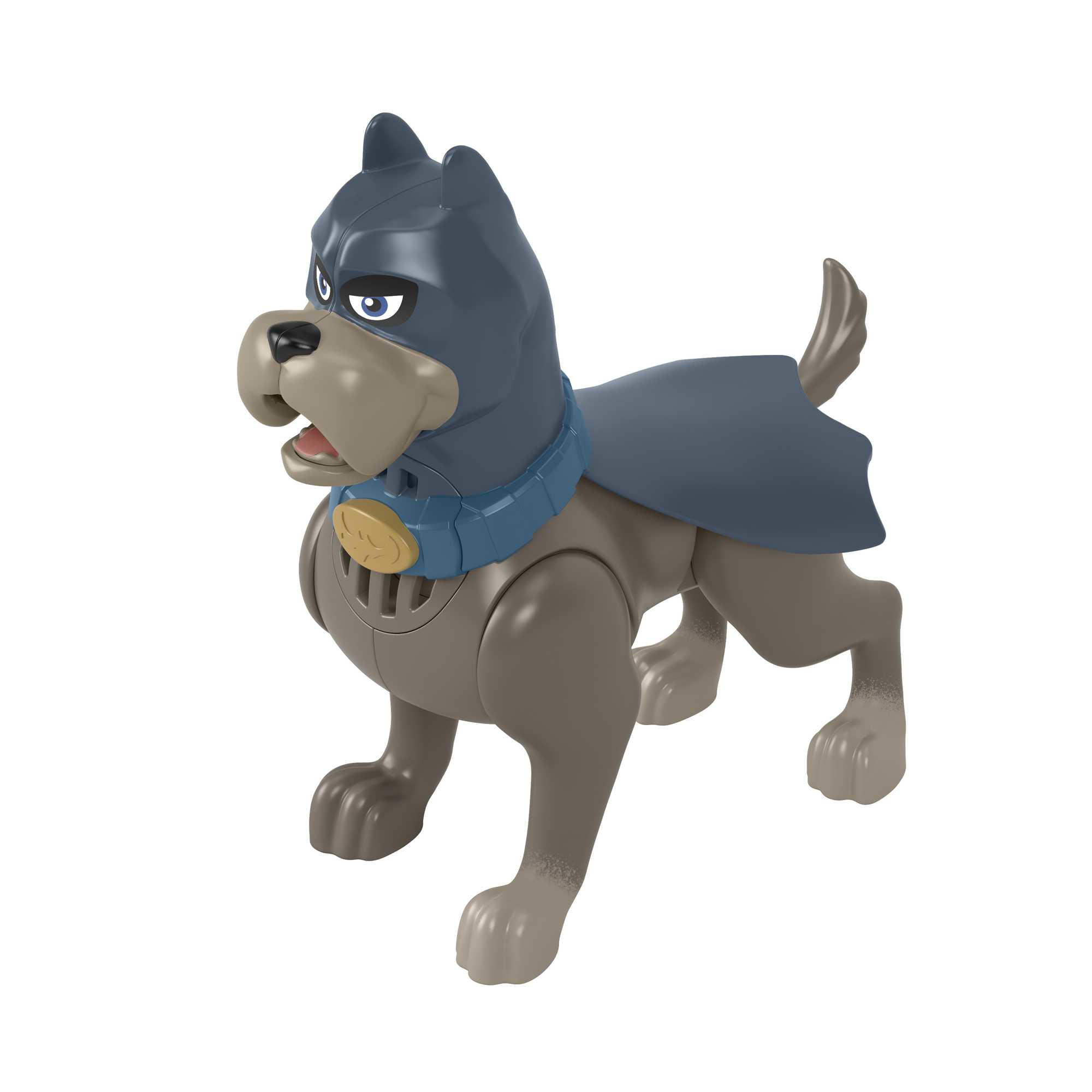 Zabawkowy pies w masce i pelerynie Batmana. Ma niebieską obrożę i złoty emblemat.