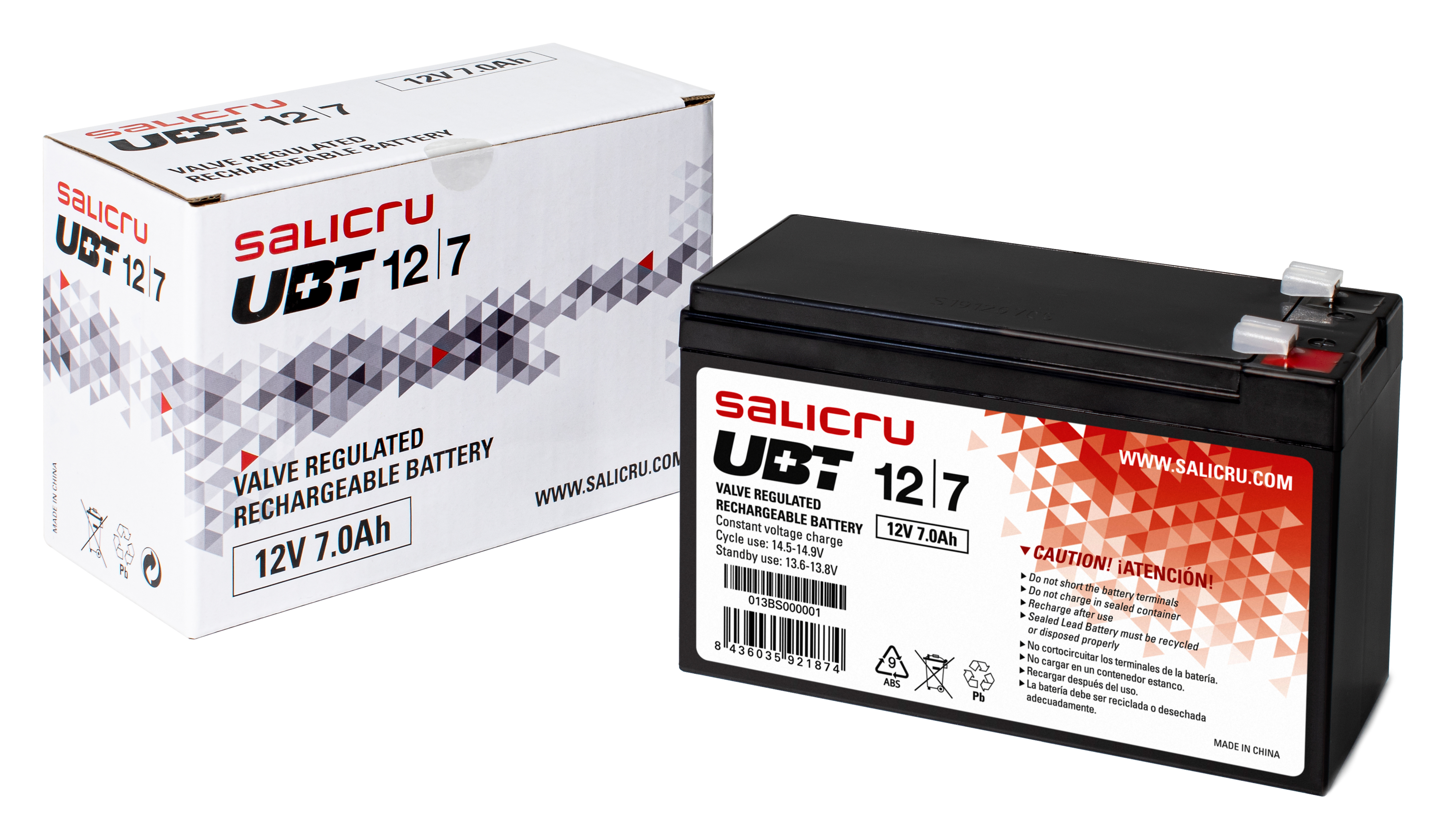 Se muestra una batería y su caja. La batería es negra con etiquetas blancas y rojas. La caja es blanca con texto negro.