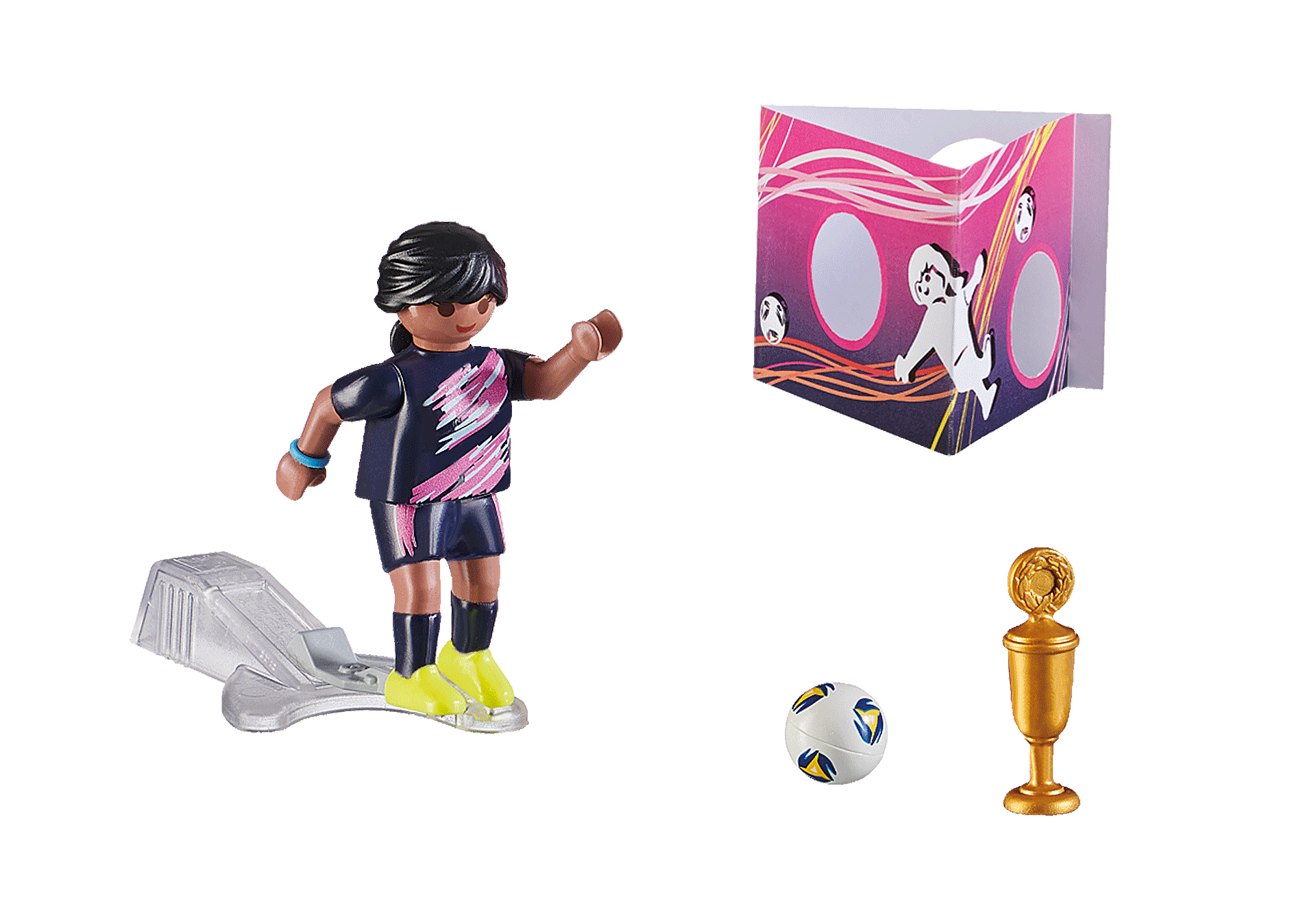 A soccer player figure stands near a goal-shaped display, a ball, and a trophy. The player wears a uniform and yellow shoes.