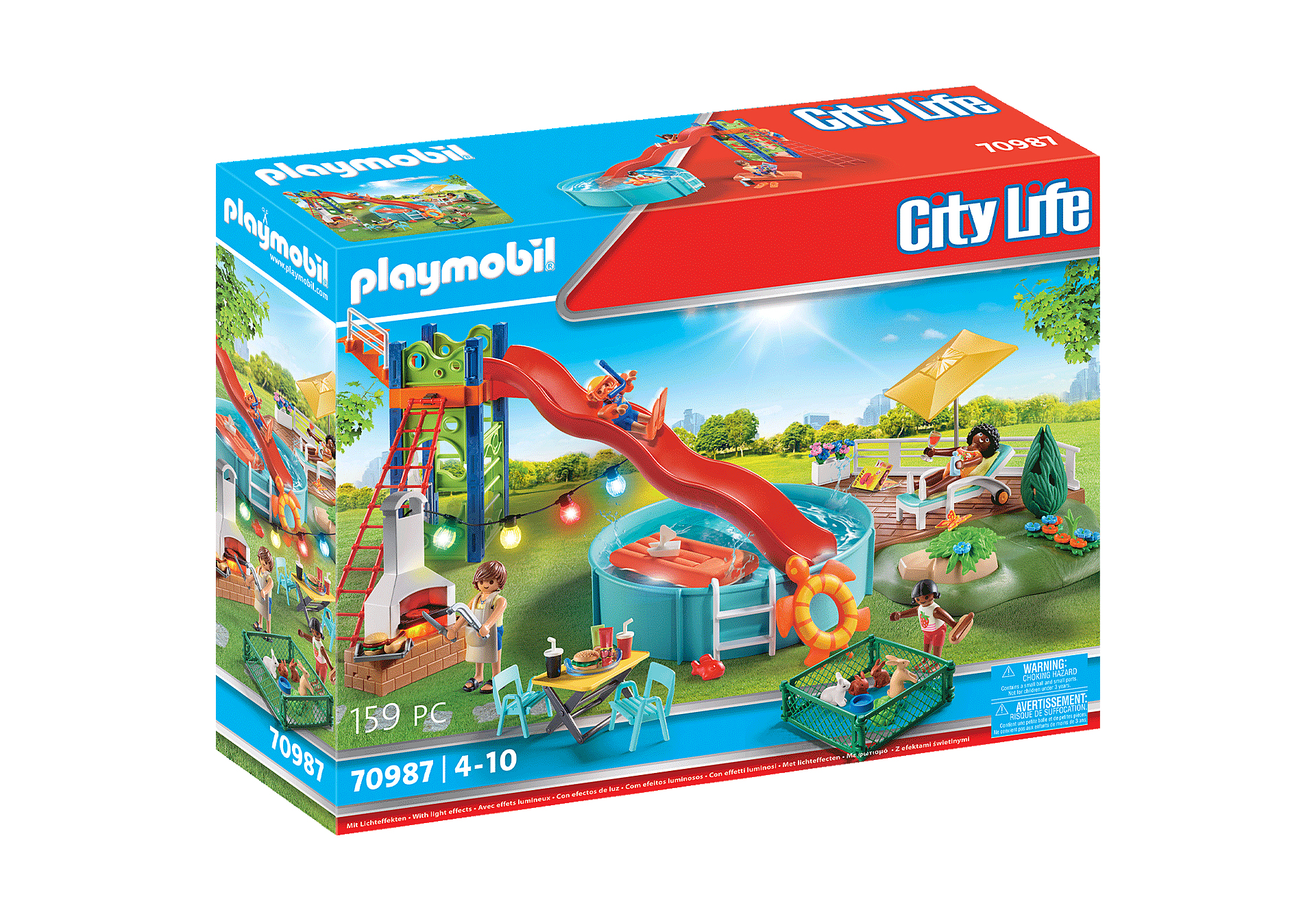 Zestaw Playmobil City Life. Zawiera zjeżdżalnię wodną, basen, grilla i figurki. Na pudełku słoneczna scena na zewnątrz.
