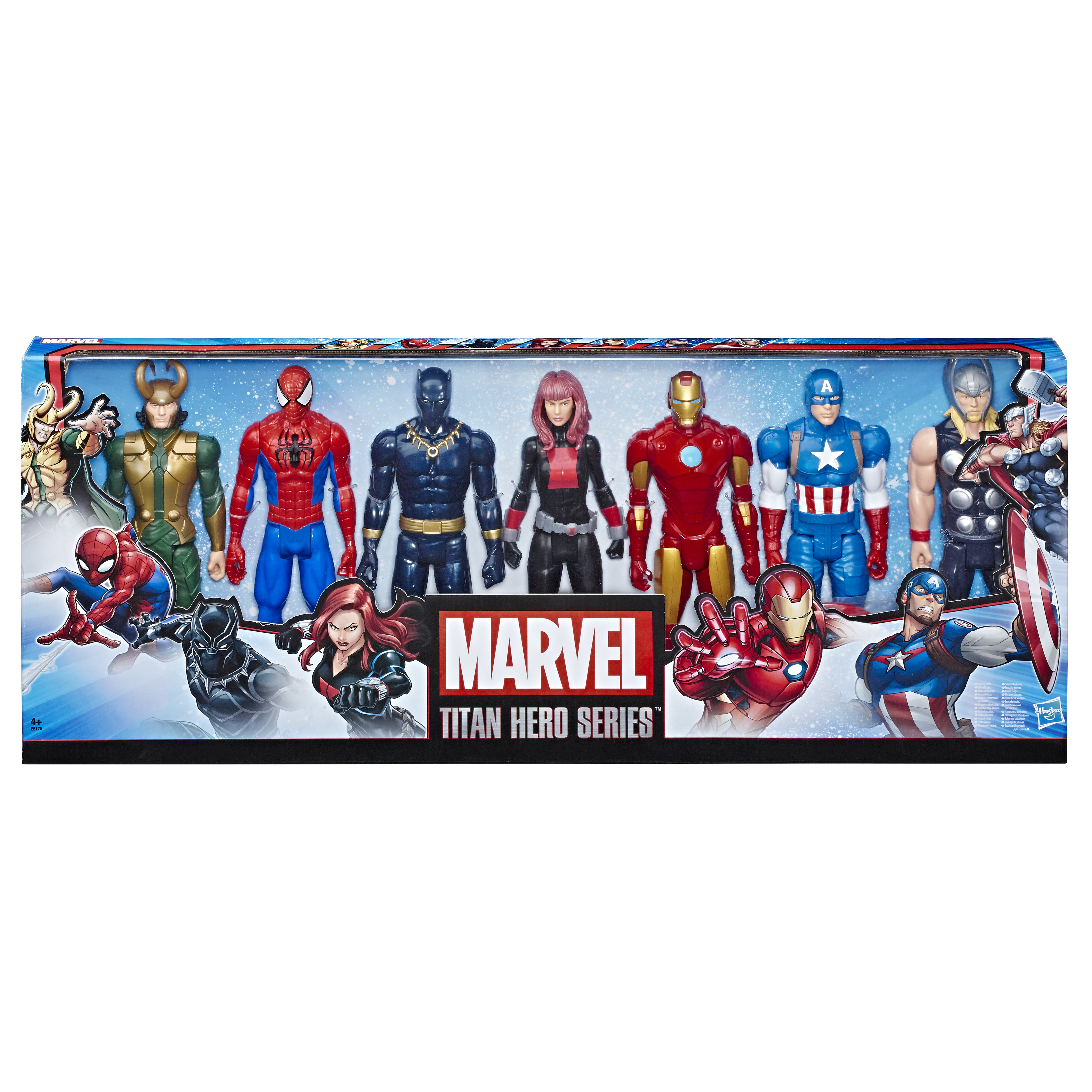 Set di scatole Marvel Titan Hero Series. Include personaggi di Spider-Man, Black Panther, Iron Man, Capitan America e altri.