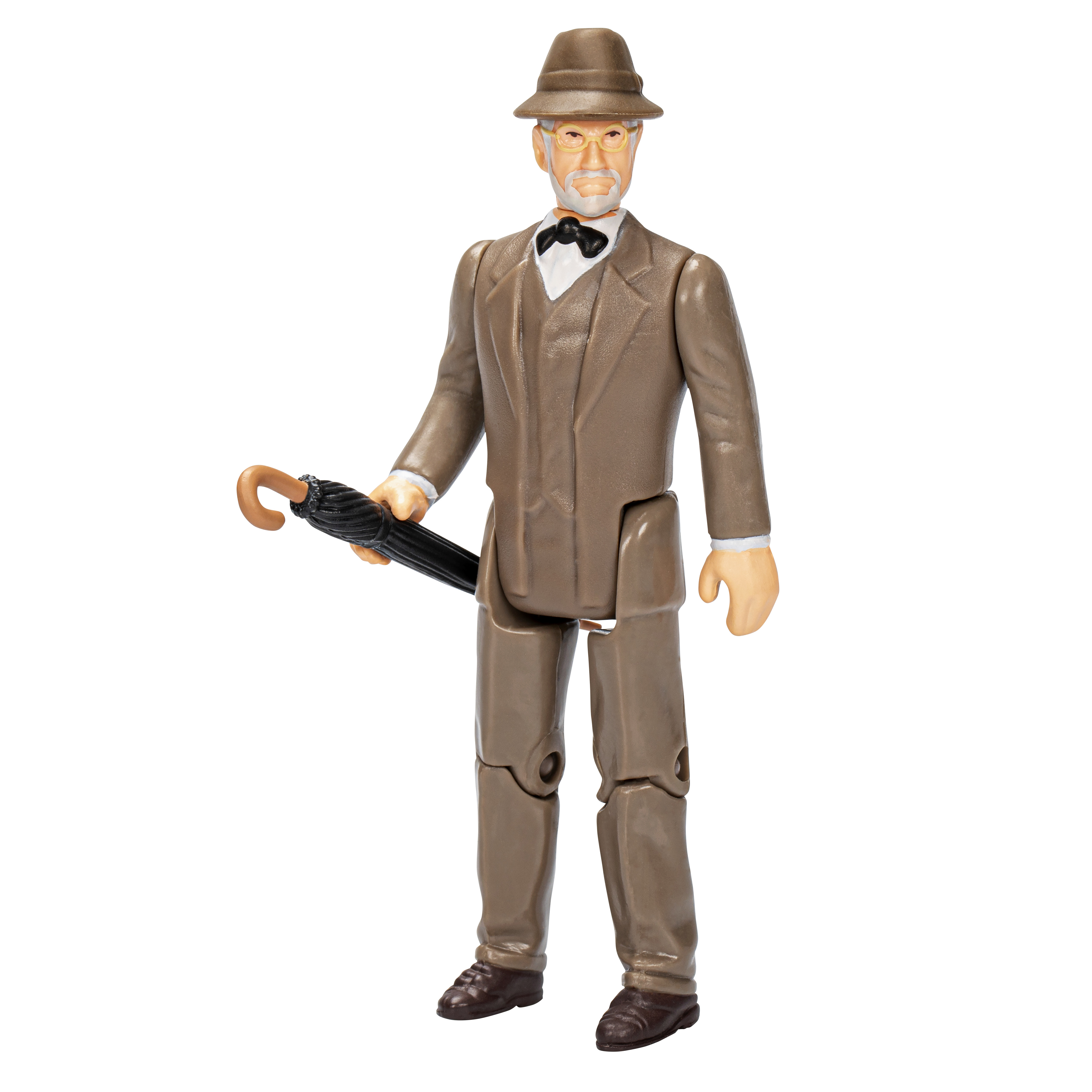 Una statuetta di un uomo in abito marrone, cappello e papillon, che tiene un ombrello. Lo sfondo è bianco.