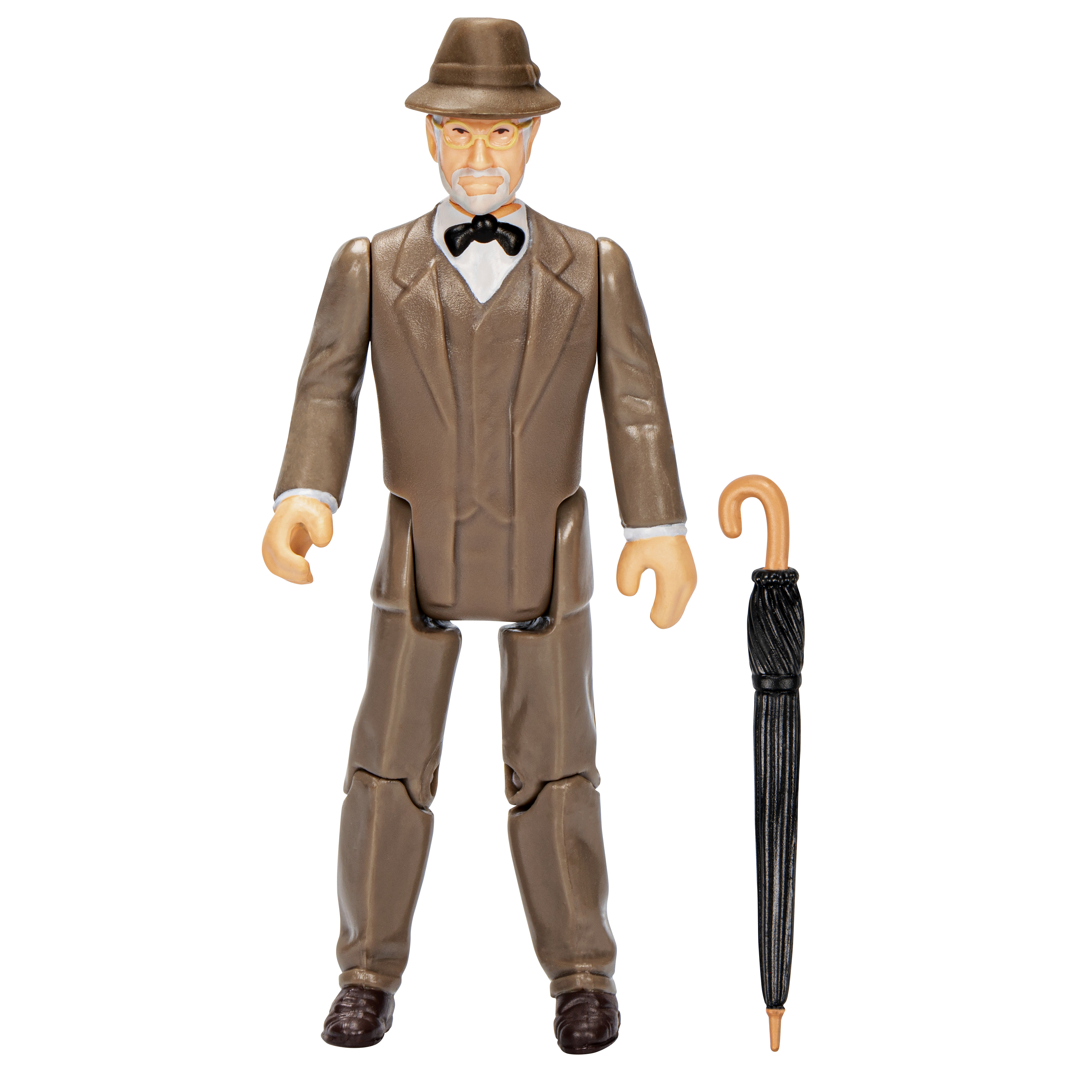 Una figura di un uomo in abito marrone, cappello e papillon in piedi con un ombrello nero.