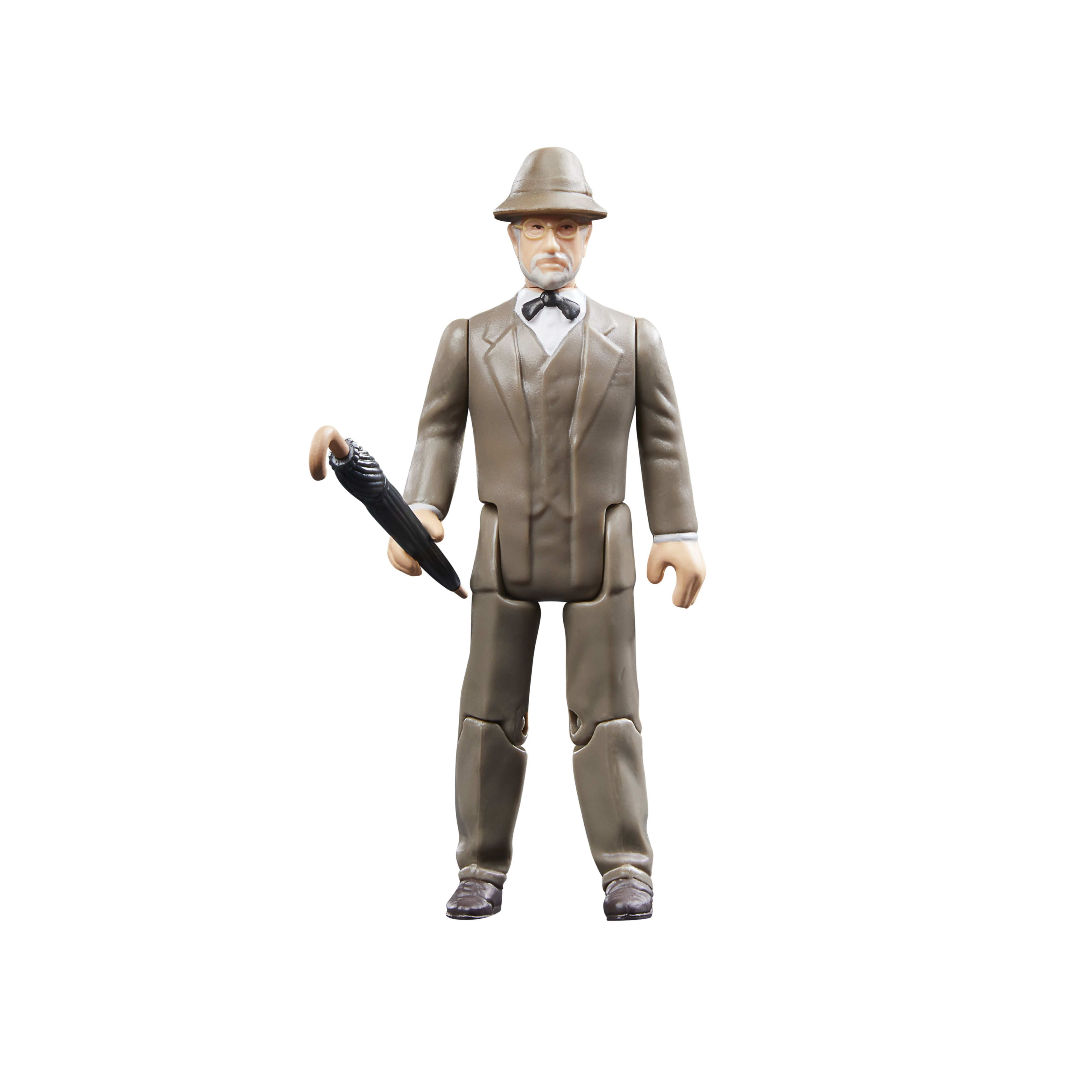 Una statuetta di un uomo in giacca e cappello, con un ombrello. Ha occhiali e papillon.