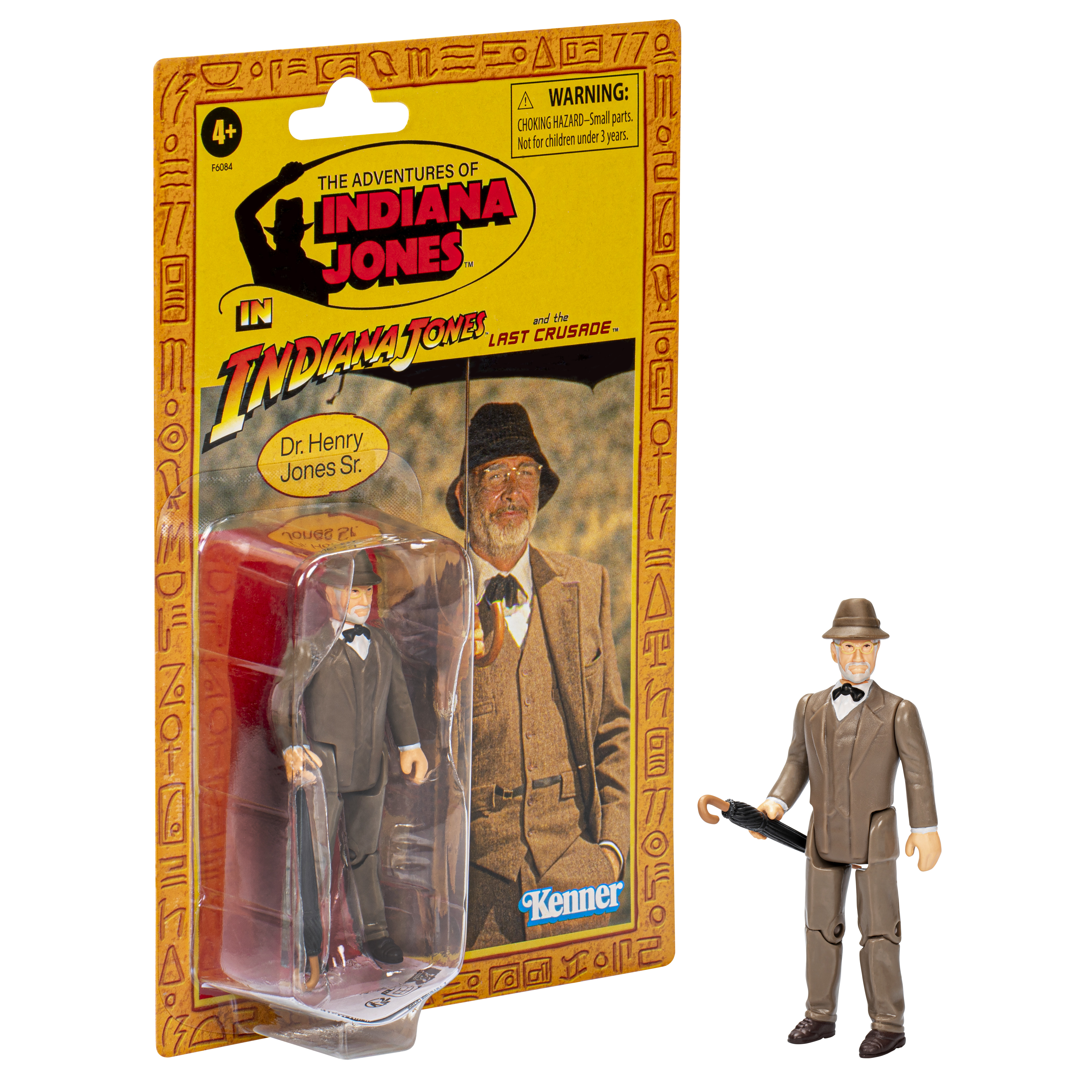 Action figure di Indiana Jones in confezione, raffigurante il Dr. Henry Jones Sr. in abito marrone, con ombrello.