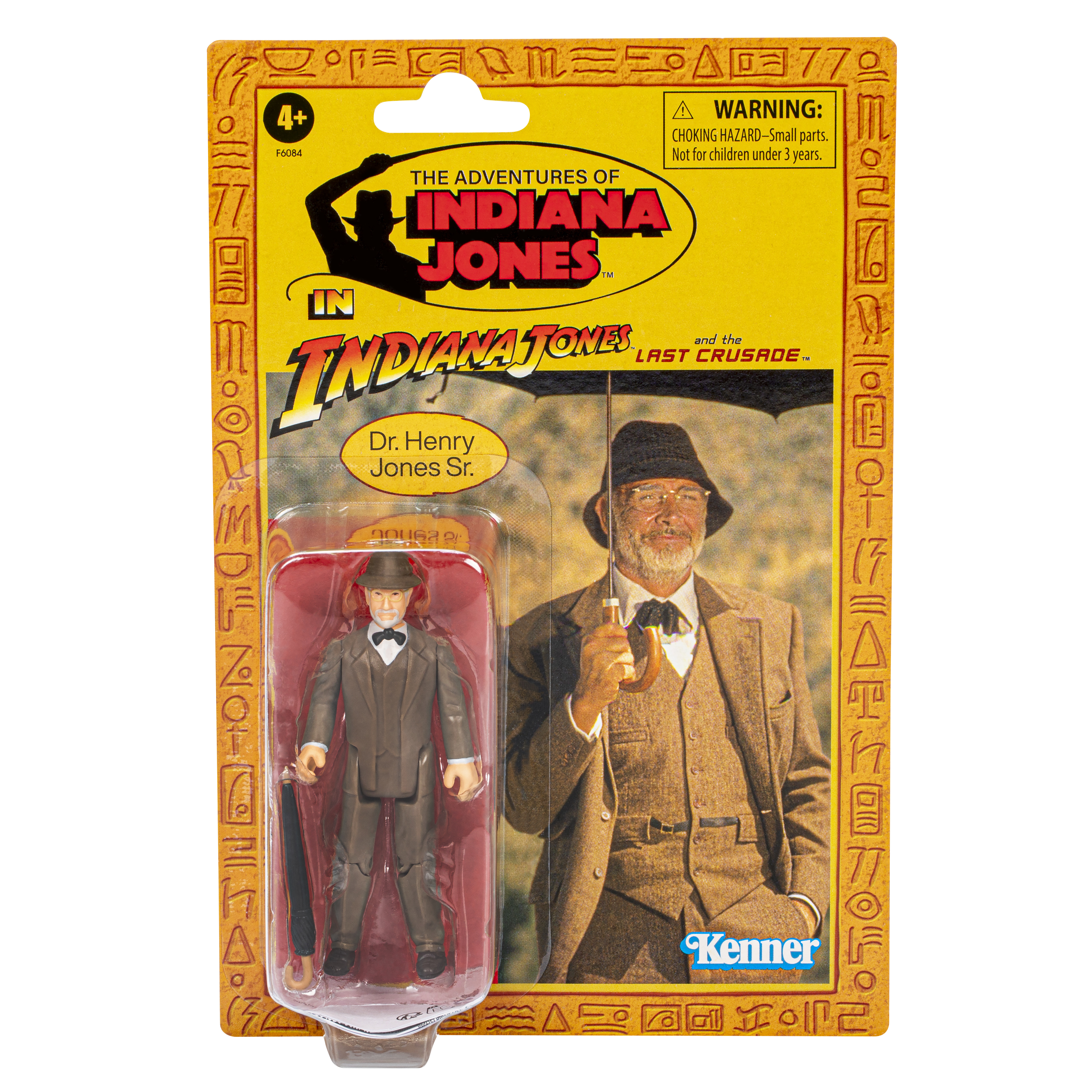 La confezione del giocattolo presenta la action figure del Dr. Henry Jones Sr., con una foto di lui che tiene un ombrello, di Indiana Jones.