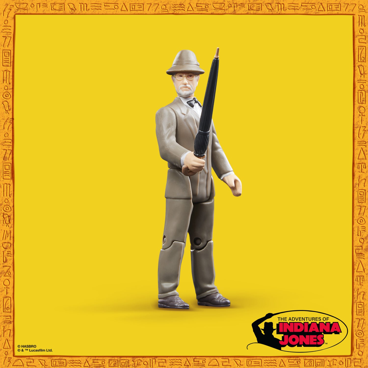 Una figura di un uomo anziano con occhiali e cappello che tiene un ombrello nero, su sfondo giallo con geroglifici.