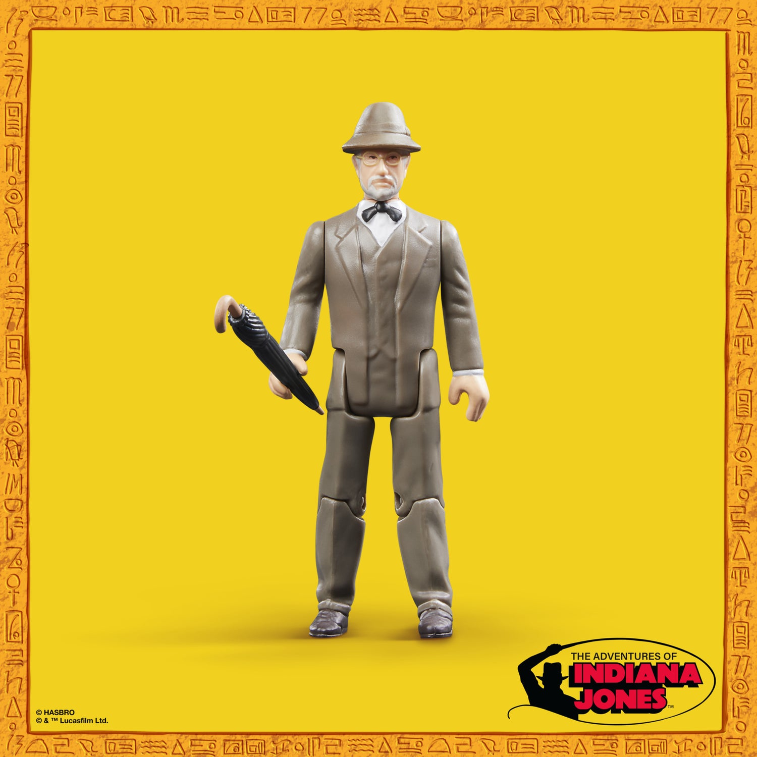 Figura di un uomo anziano in abito e cappello con un ombrello. Lo sfondo è giallo con bordo decorativo e logo.