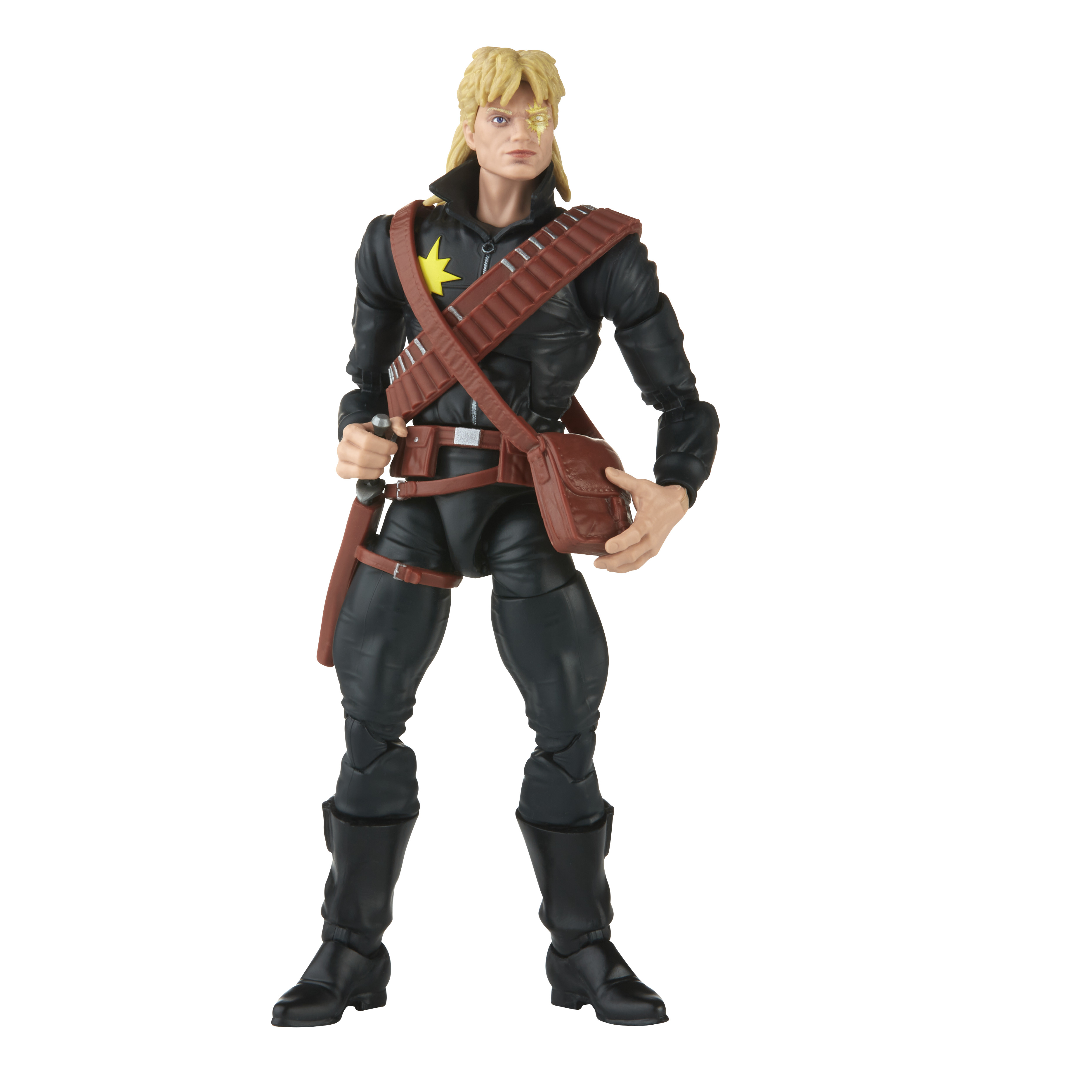 Action figure di un uomo in abito nero, cinghie marroni e stella gialla. Ha capelli biondi e un occhio cibernetico.