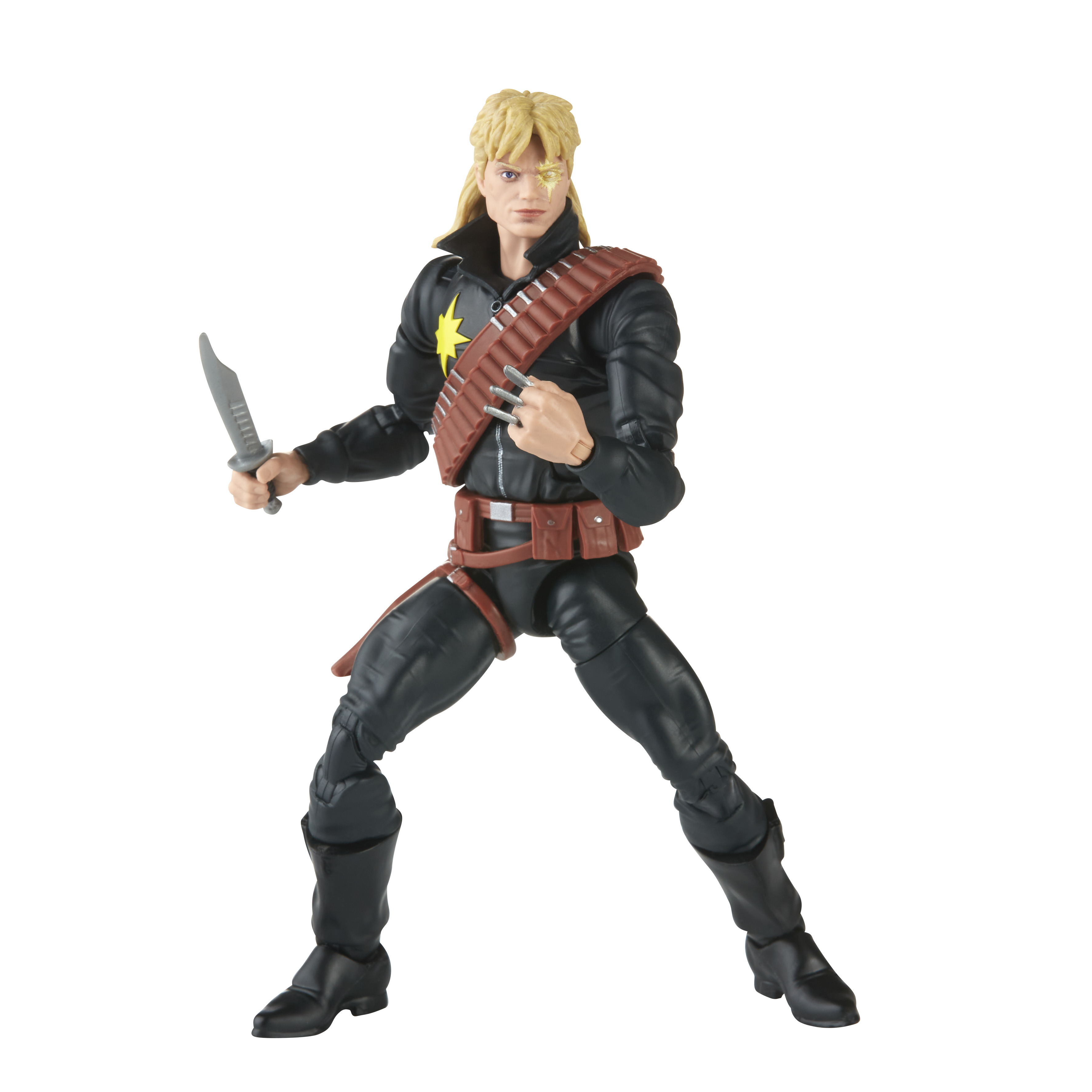 Action figure di un uomo in abito nero con un coltello. Ha i capelli biondi e un segno a forma di stella sull'occhio.