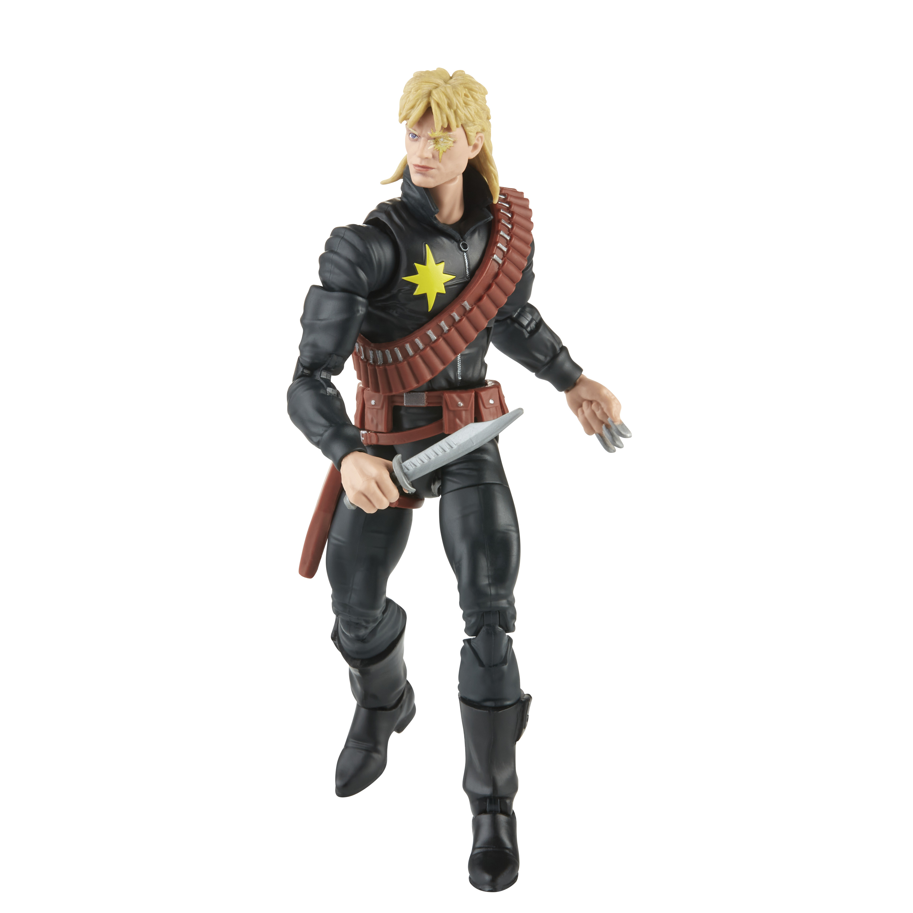 Action figure di un uomo con capelli biondi, vestito nero, simbolo a stella e un coltello. Ha una cicatrice sull'occhio.