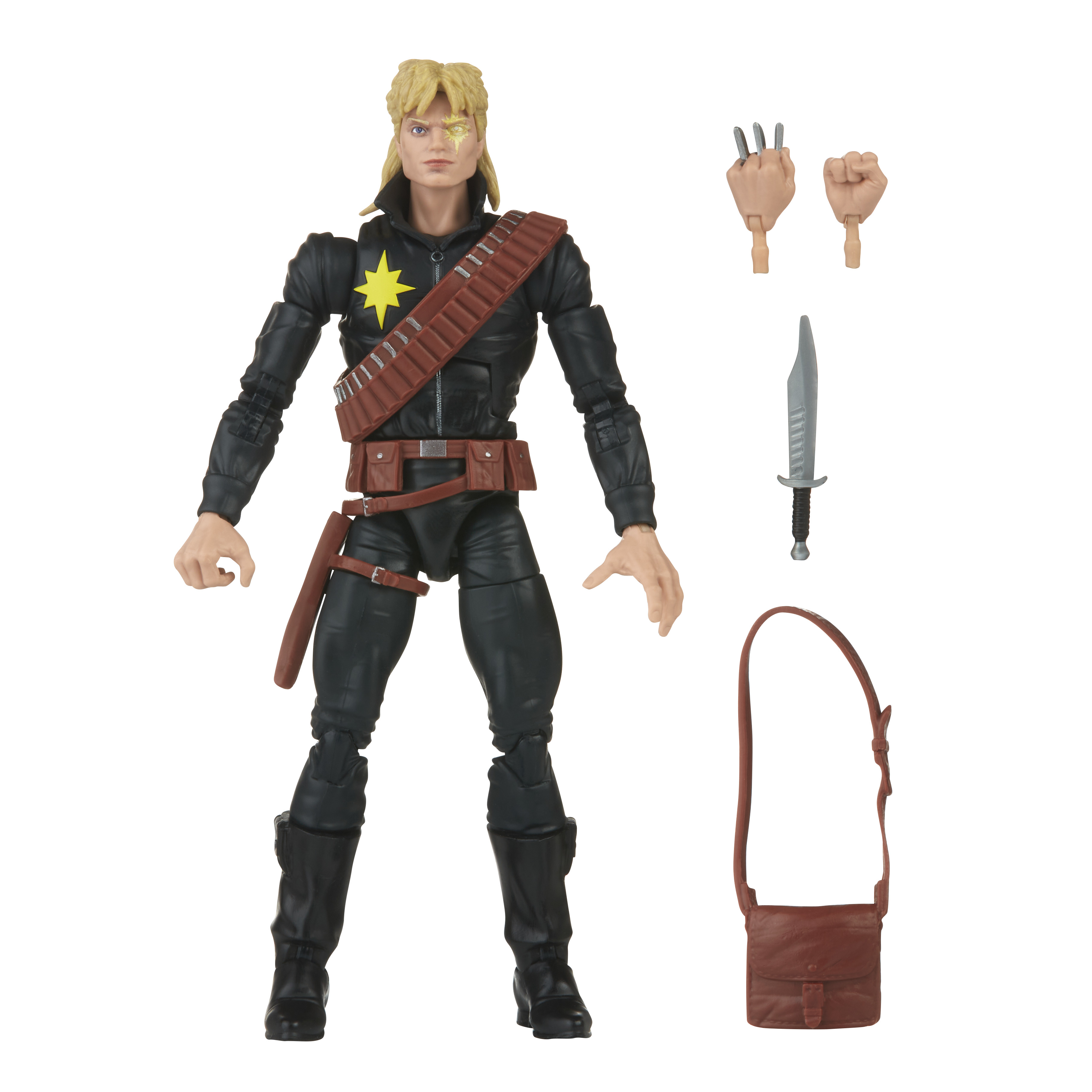 Action figure di un uomo con capelli biondi, una stella sull'occhio e abiti neri, con accessori come una borsa e un coltello.