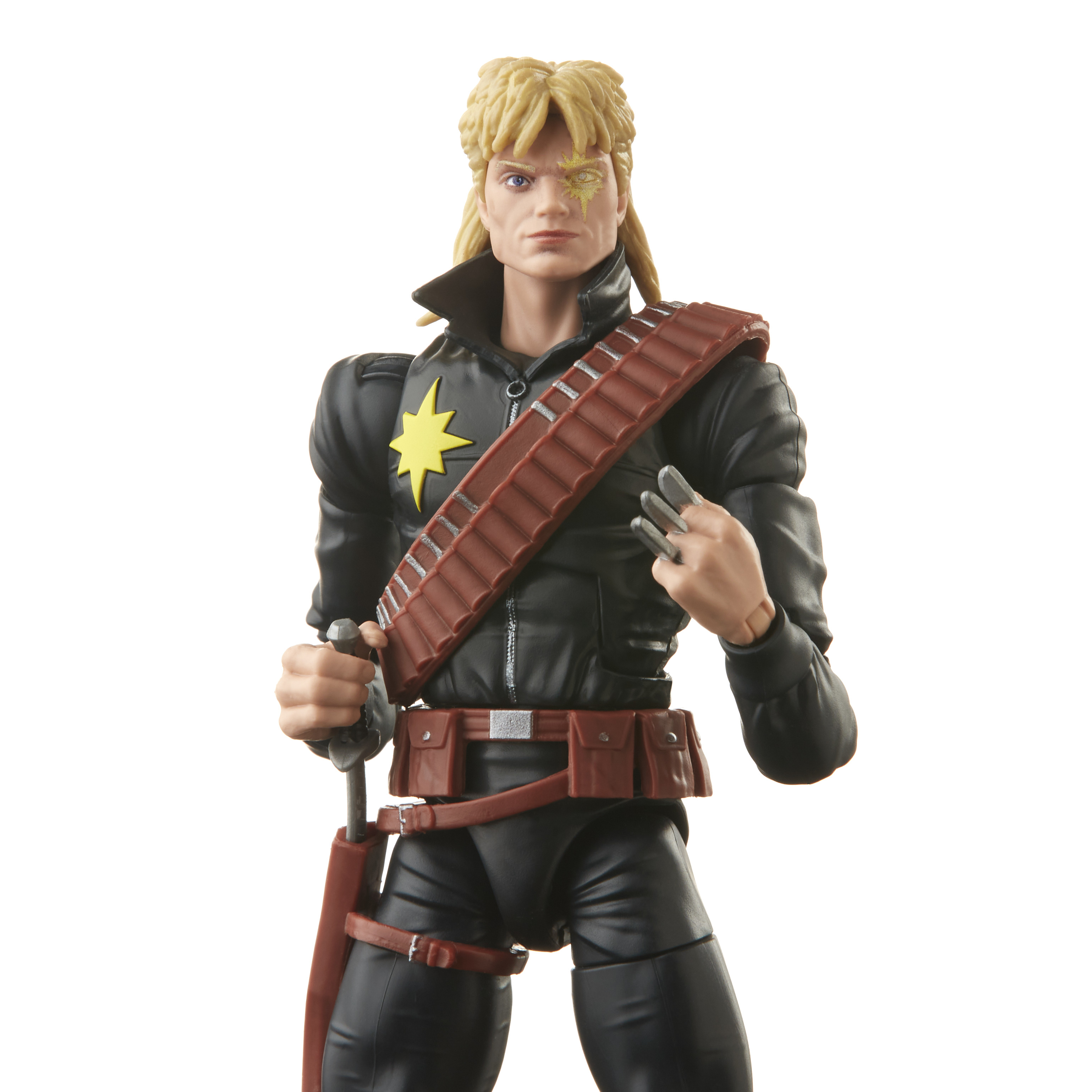 Action figure di un uomo con capelli biondi, cicatrice a forma di stella e abito nero. Tiene una spada.