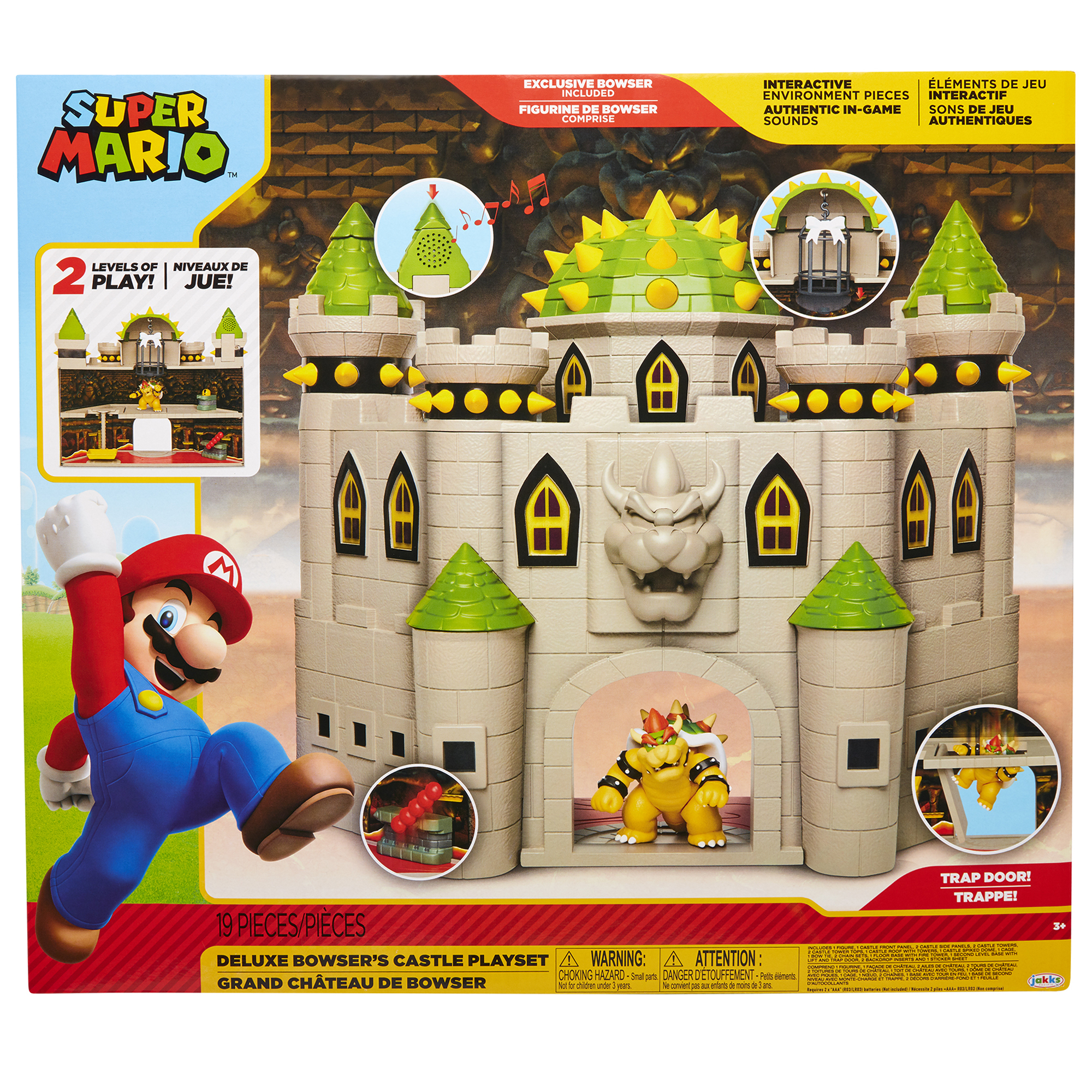 Super Mario Bowser-Schloss-Spielset. Mario-Figur springt. Bowser-Figur im Schloss. Schloss hat mehrere Ebenen und Funktionen.