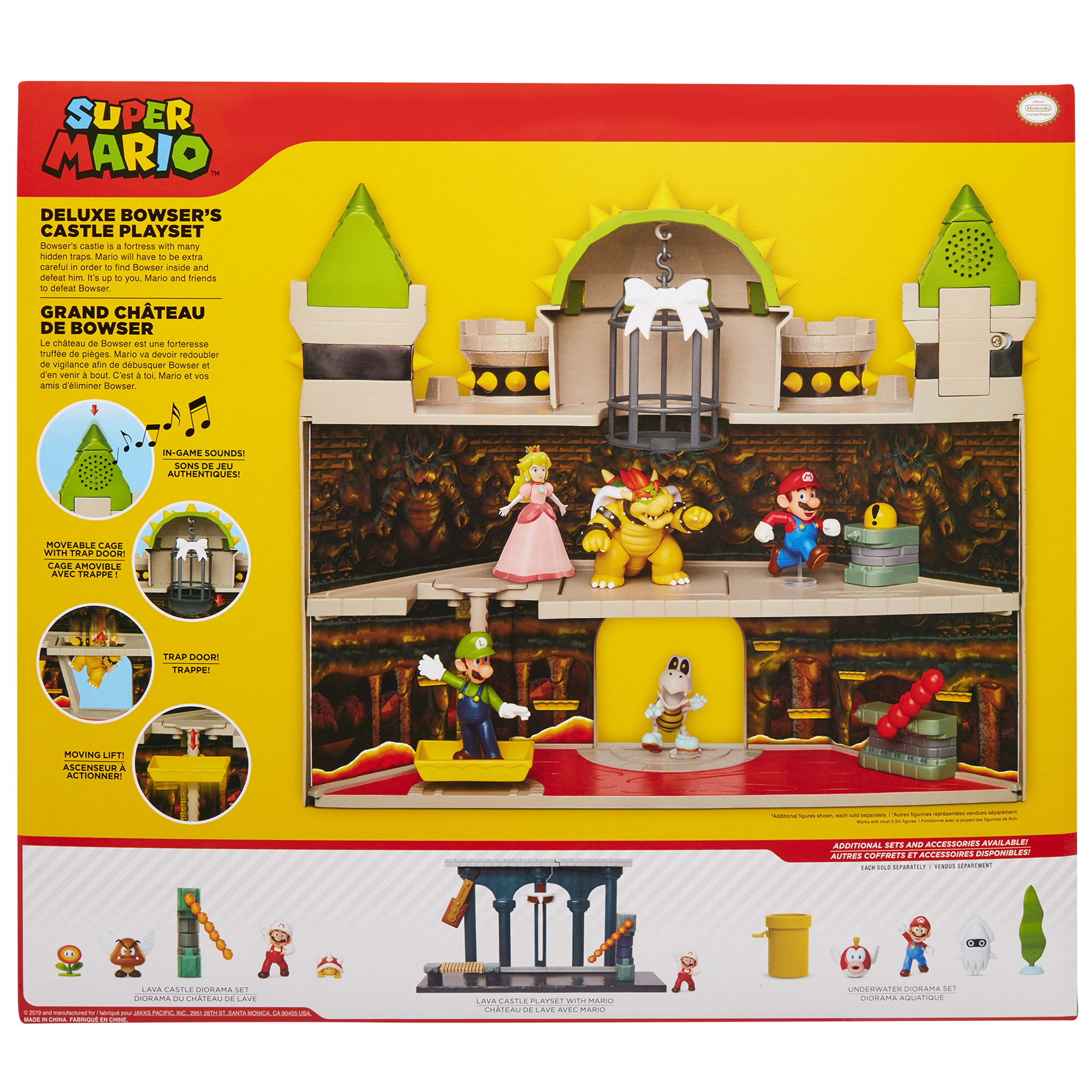 Ein Super Mario Bowser's Castle Spielset. Enthält Figuren von Mario, Luigi, Peach, Bowser und anderen. Die Burg hat Fallen und einen Käfig.