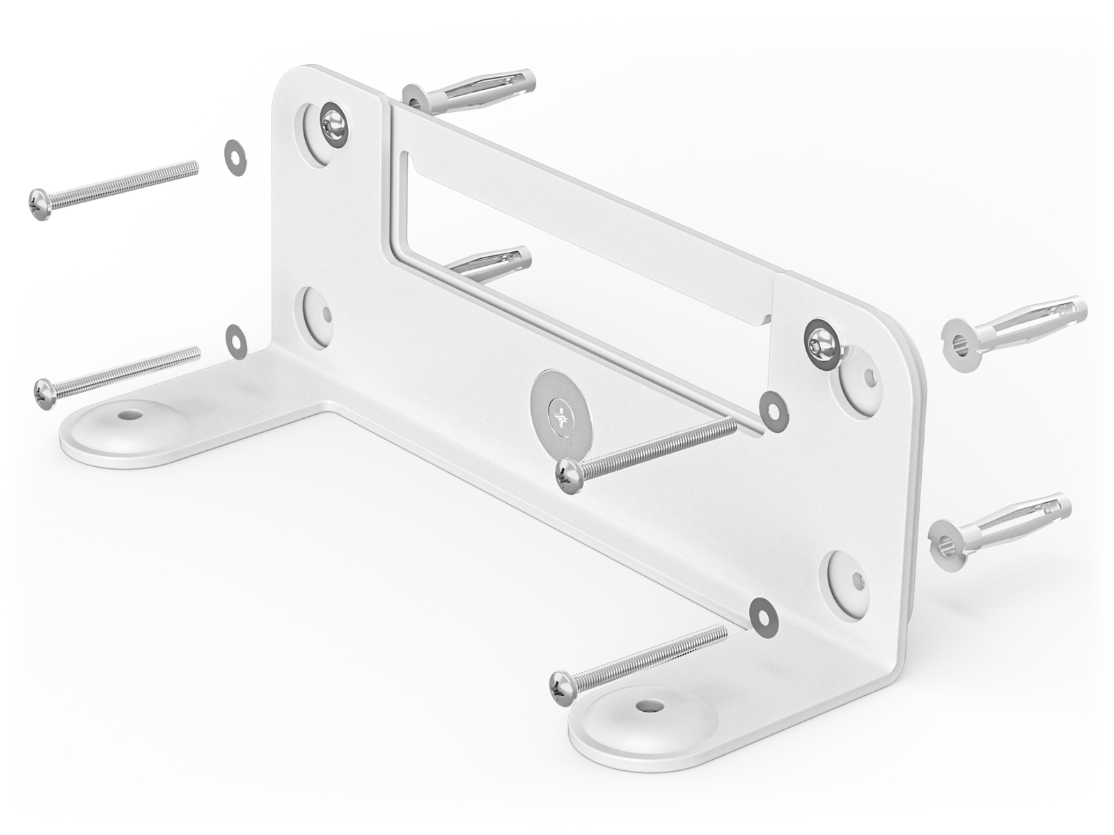 Witte metalen beugel met schroeven, ringen en pluggen. Componenten zijn uitgestald, klaar voor montage, tegen een witte achtergrond.
