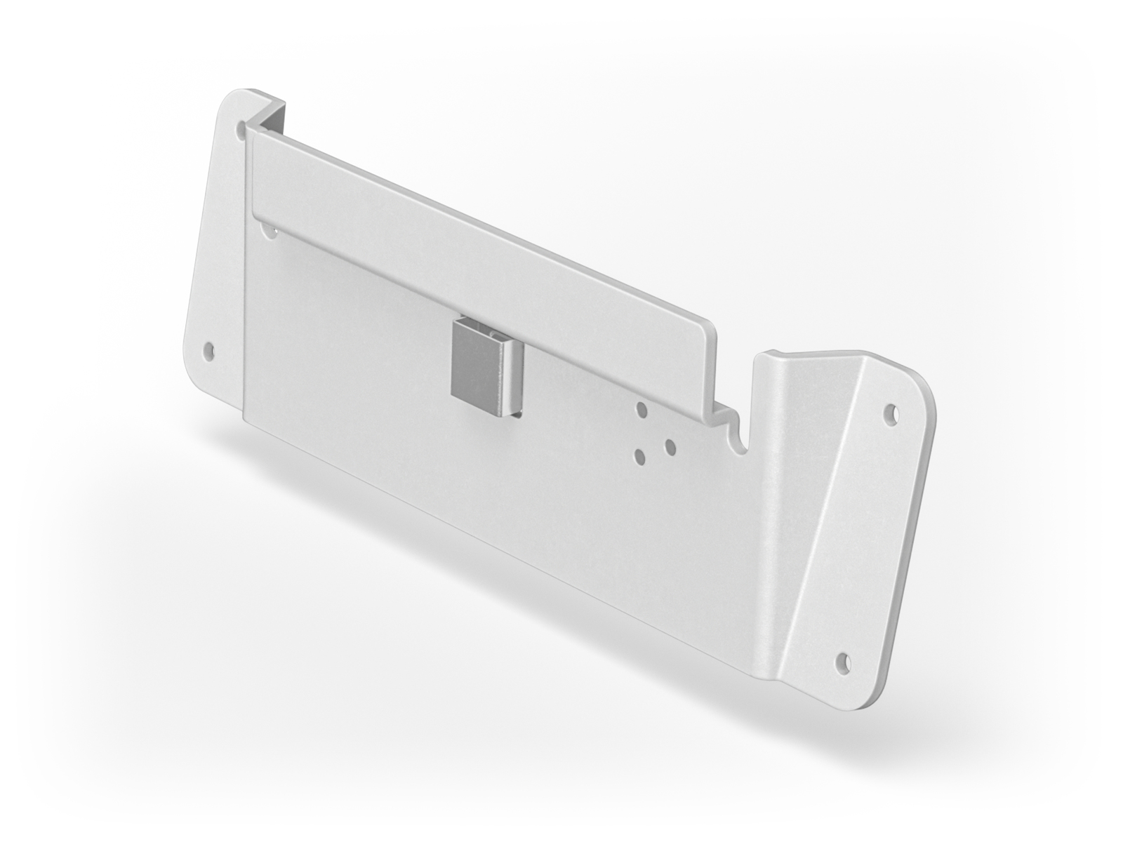 Een witte metalen beugel met een rechthoekige vorm, met een klein metalen blok en verschillende gaten, op een witte achtergrond.
