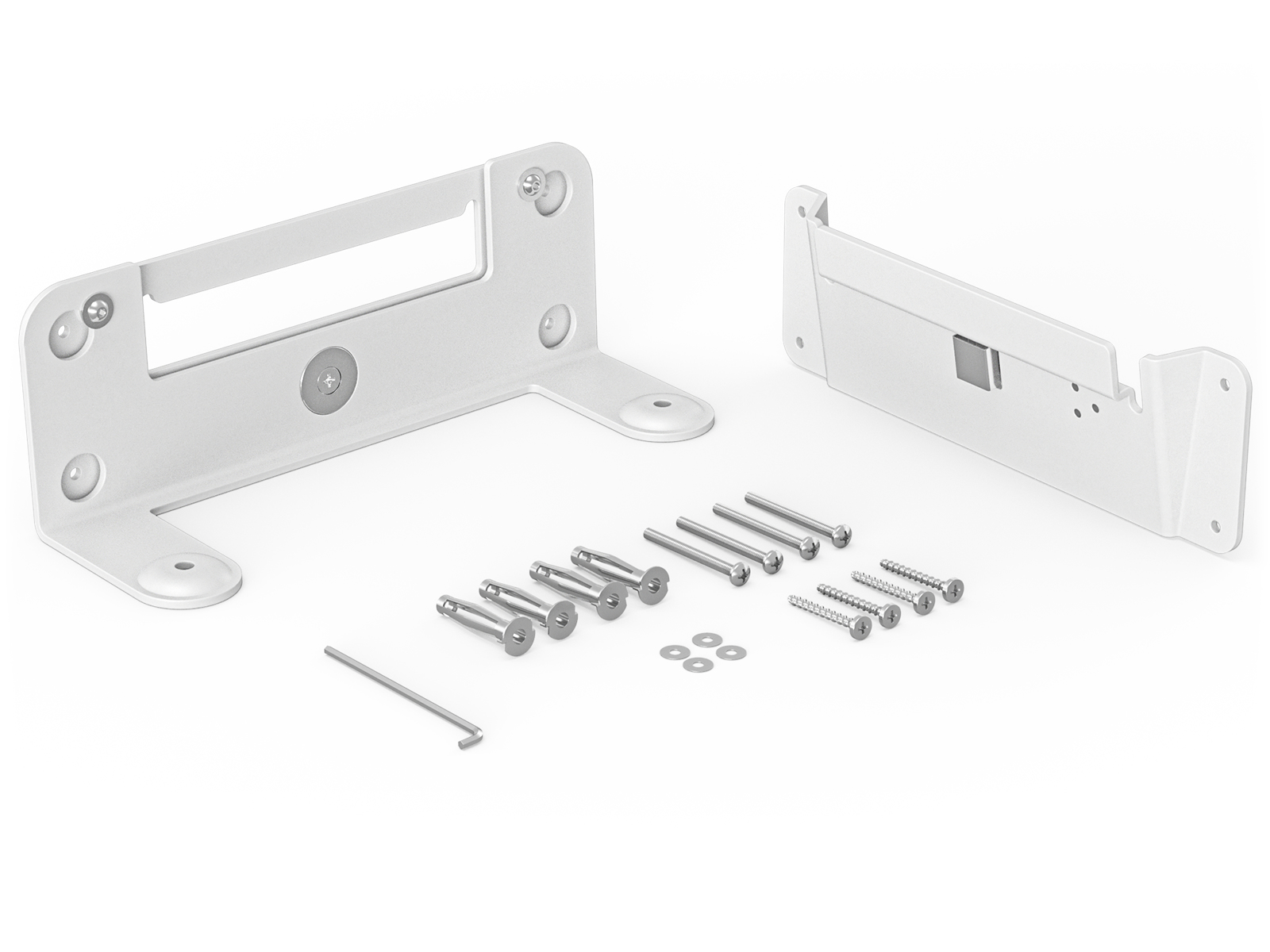 Witte metalen montagehardware met schroeven, ringen en een inbussleutel, op een wit oppervlak. Er zijn twee beugels aanwezig.