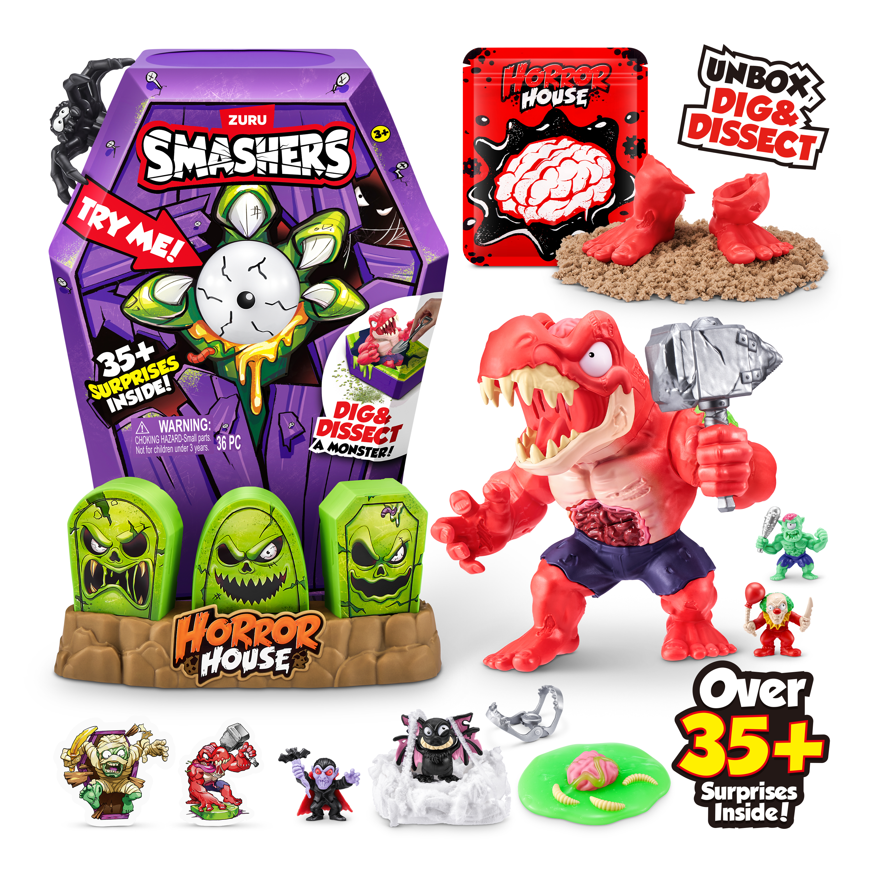 Zestaw zabawek o tematyce horroru z różnymi potworami, pojemnikiem w kształcie grobowca i napisem 'Unbox, dig, and dissect'.