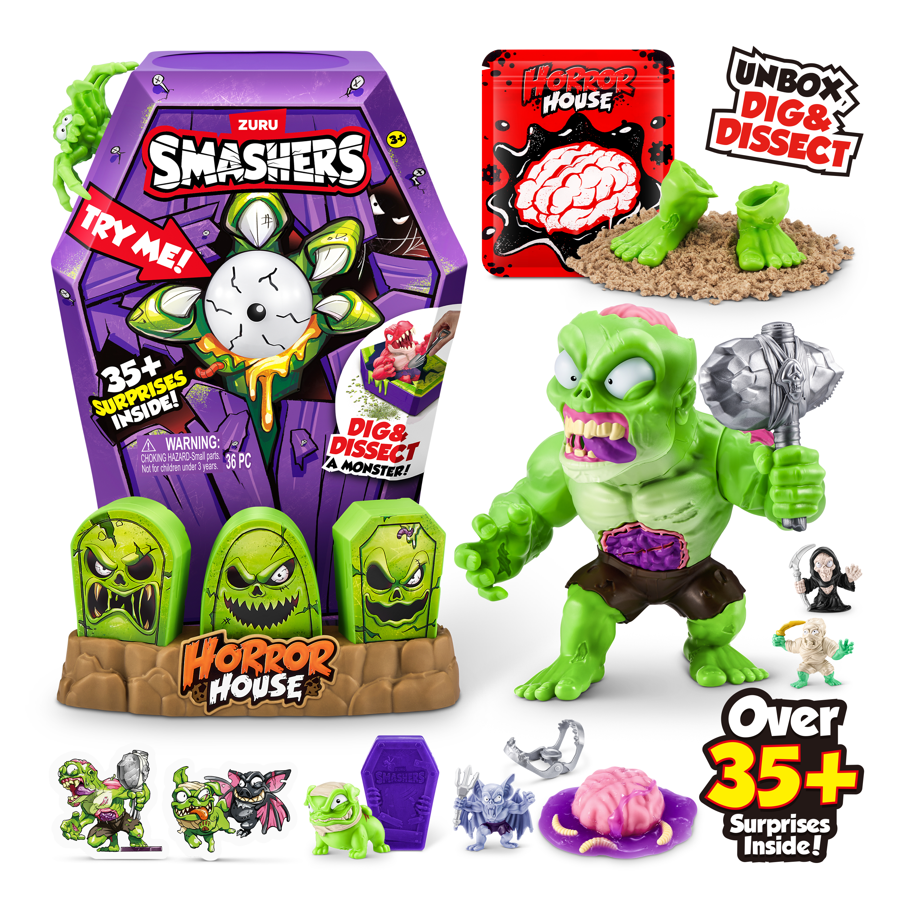 Zestaw zabawek Smashers o tematyce horroru. Zawiera figurkę zombie, nagrobki i niespodzianki.