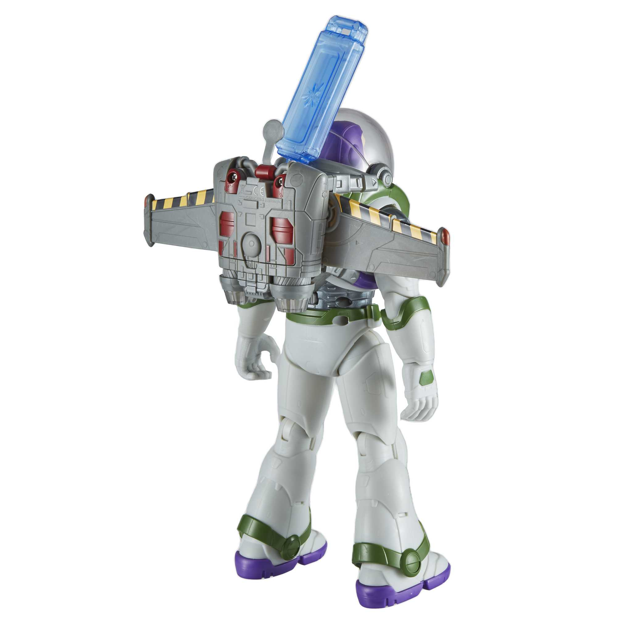 Una action figure di Buzz Lightyear da dietro. Ha un jetpack e indossa una tuta spaziale bianca con dettagli verdi e viola.