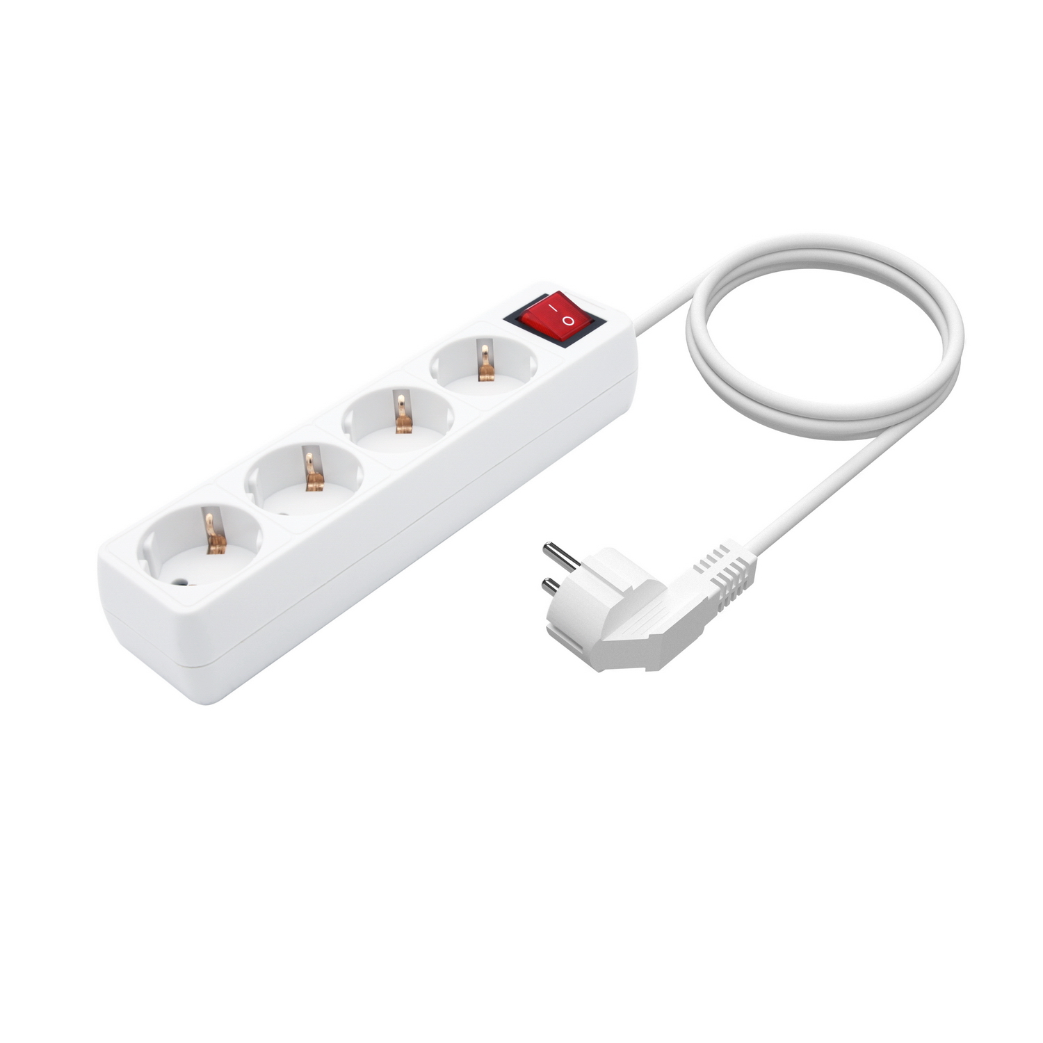 Una regleta blanca con tres enchufes, un interruptor rojo de encendido/apagado y un cable blanco con enchufe sobre fondo blanco.