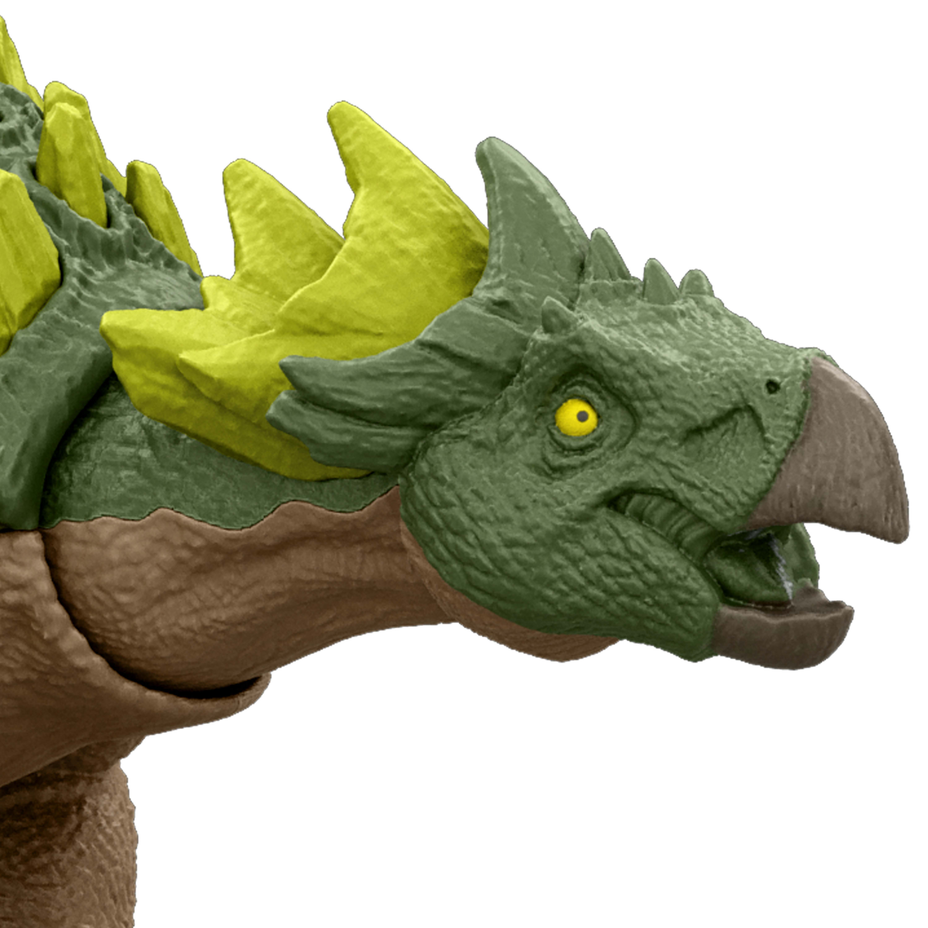 Zielona głowa dinozaura z żółtymi kolcami, brązowym dziobem i żółtym okiem. Dinozaur jest na białym tle.