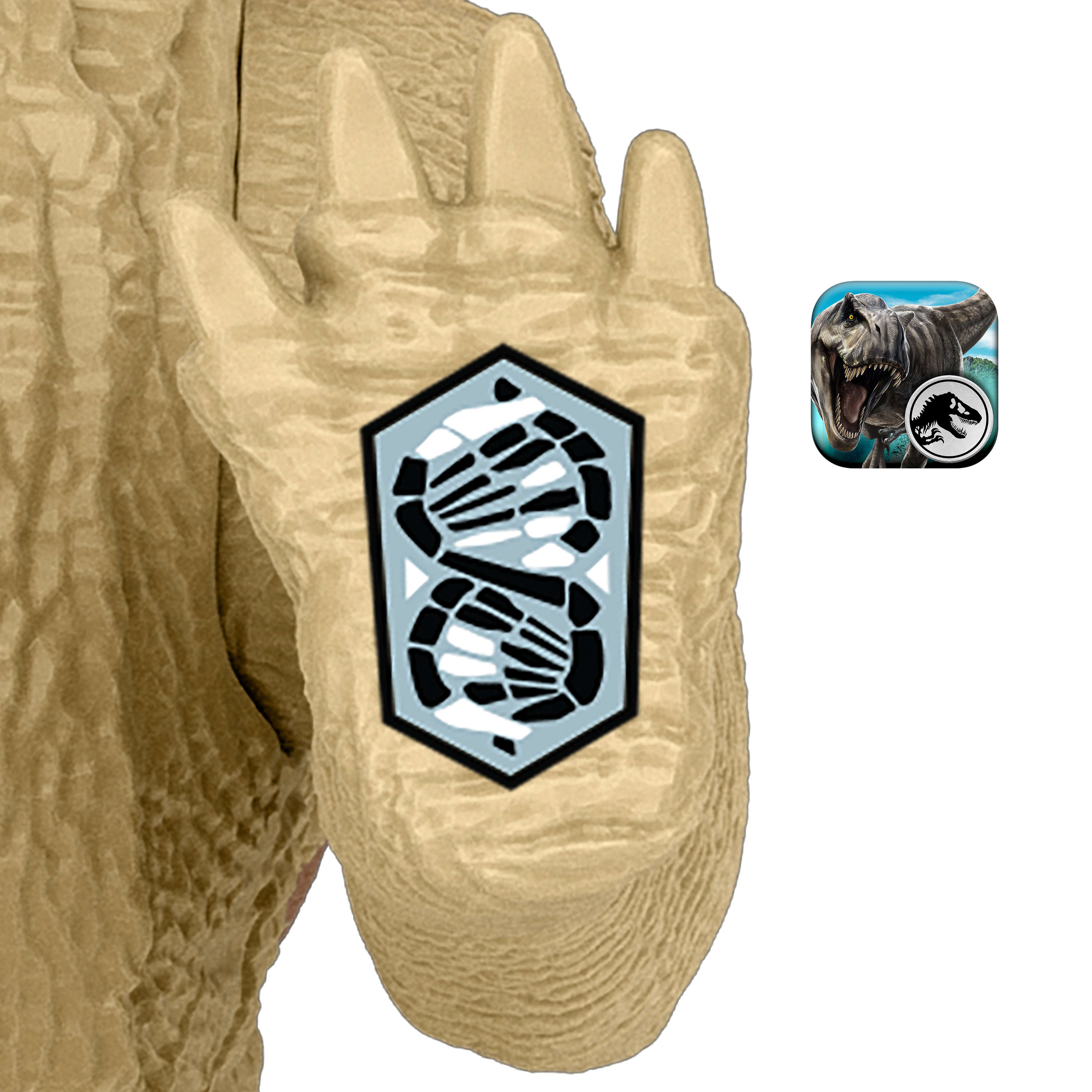 Jasnobrązowy pazur dinozaura z kodem QR i ikoną aplikacji Jurassic World.