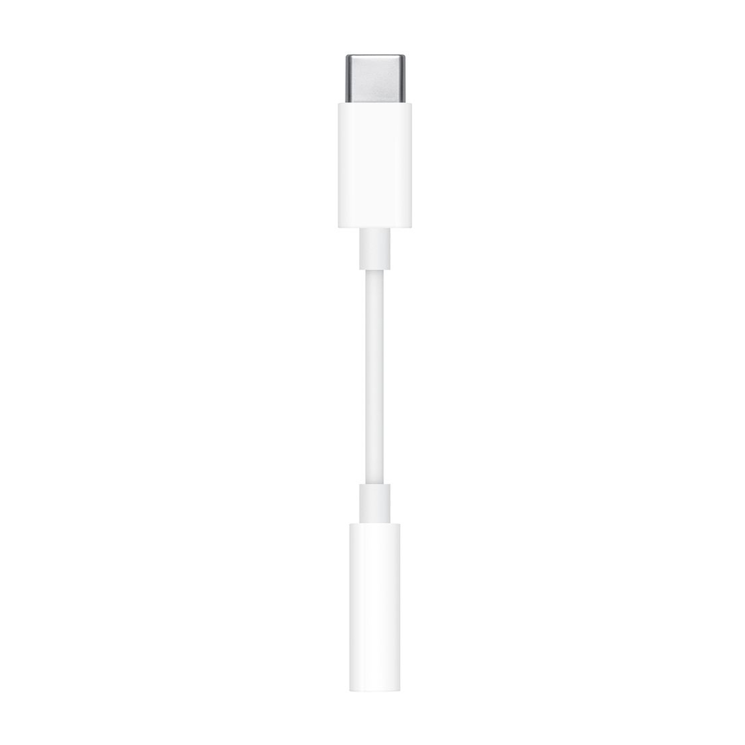Un adaptador blanco de USB-C a conector para auriculares. Tiene un conector USB-C en la parte superior, un conector cilíndrico en la inferior y un cable blanco delgado.