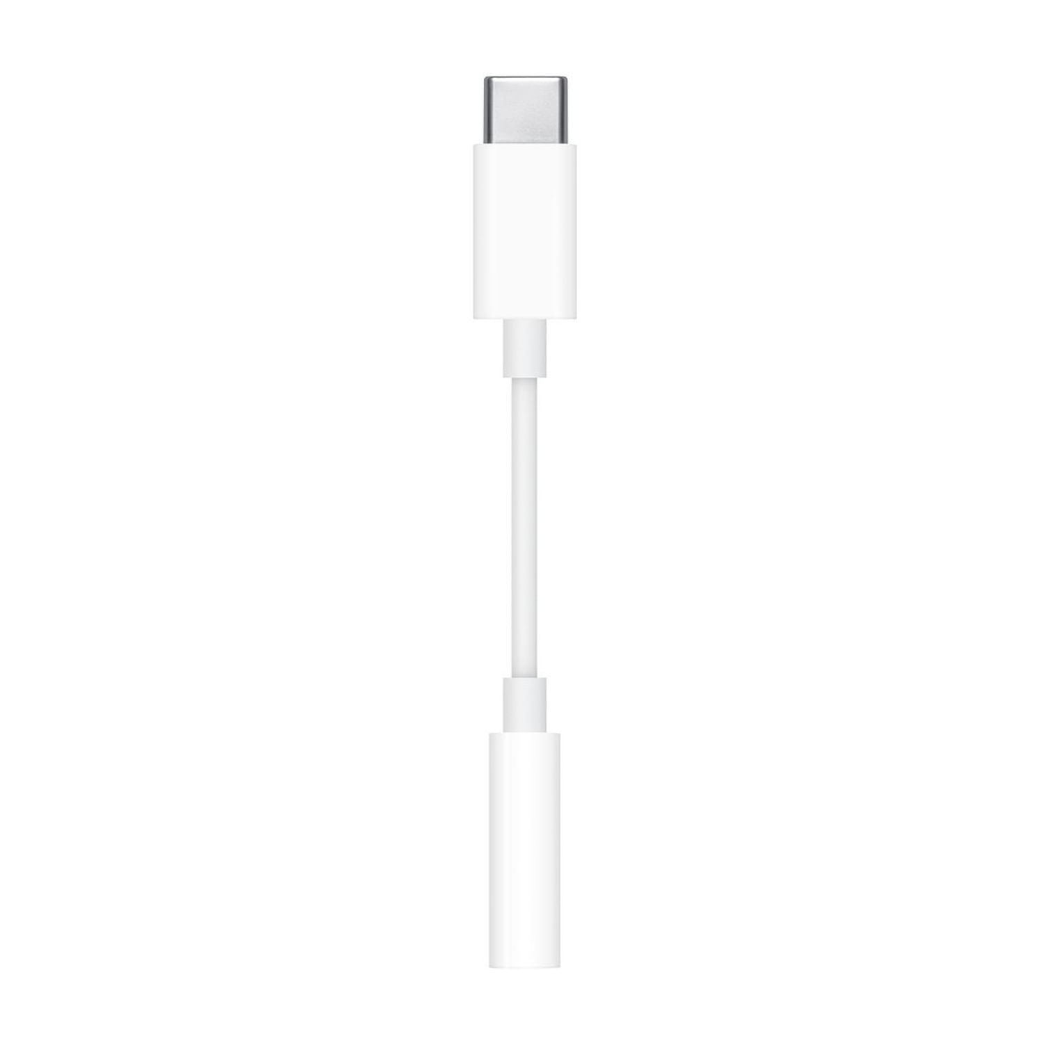 Un adaptador blanco de Apple de USB-C a conector de auriculares de 3,5 mm. Tiene un conector USB-C en la parte superior y un conector de auriculares en la parte inferior.