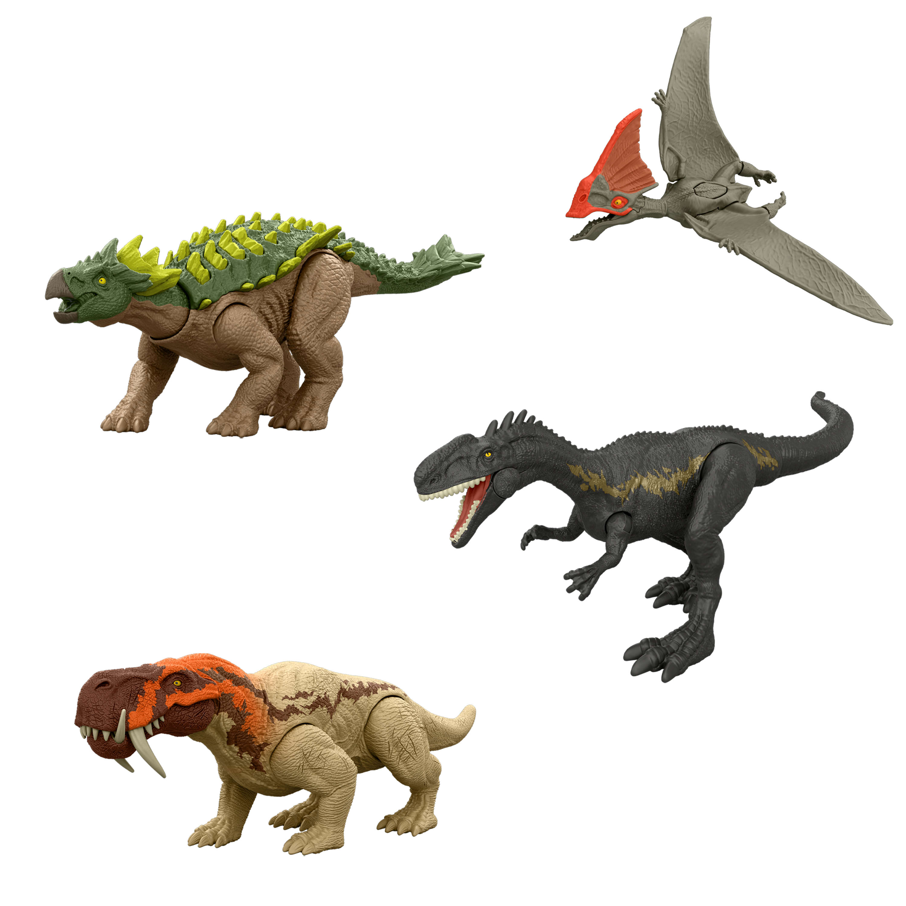 Vier Dinosaurier-Spielzeuge auf weißem Hintergrund: Anky, Pterosaurier, Allosaurus und ein säbelzahnmäßiger Dinosaurier.