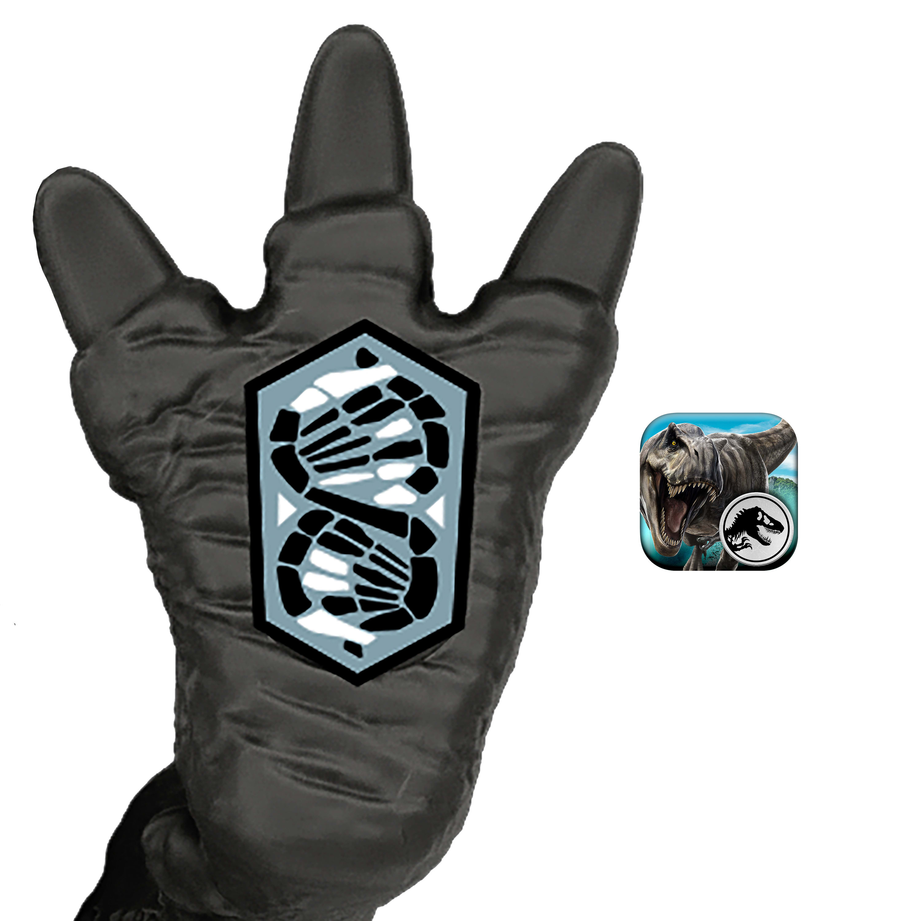 Eine dunkle Hand hält ein Abzeichen mit DNA-Symbolen. Im Hintergrund befindet sich ein Jurassic World App-Symbol.