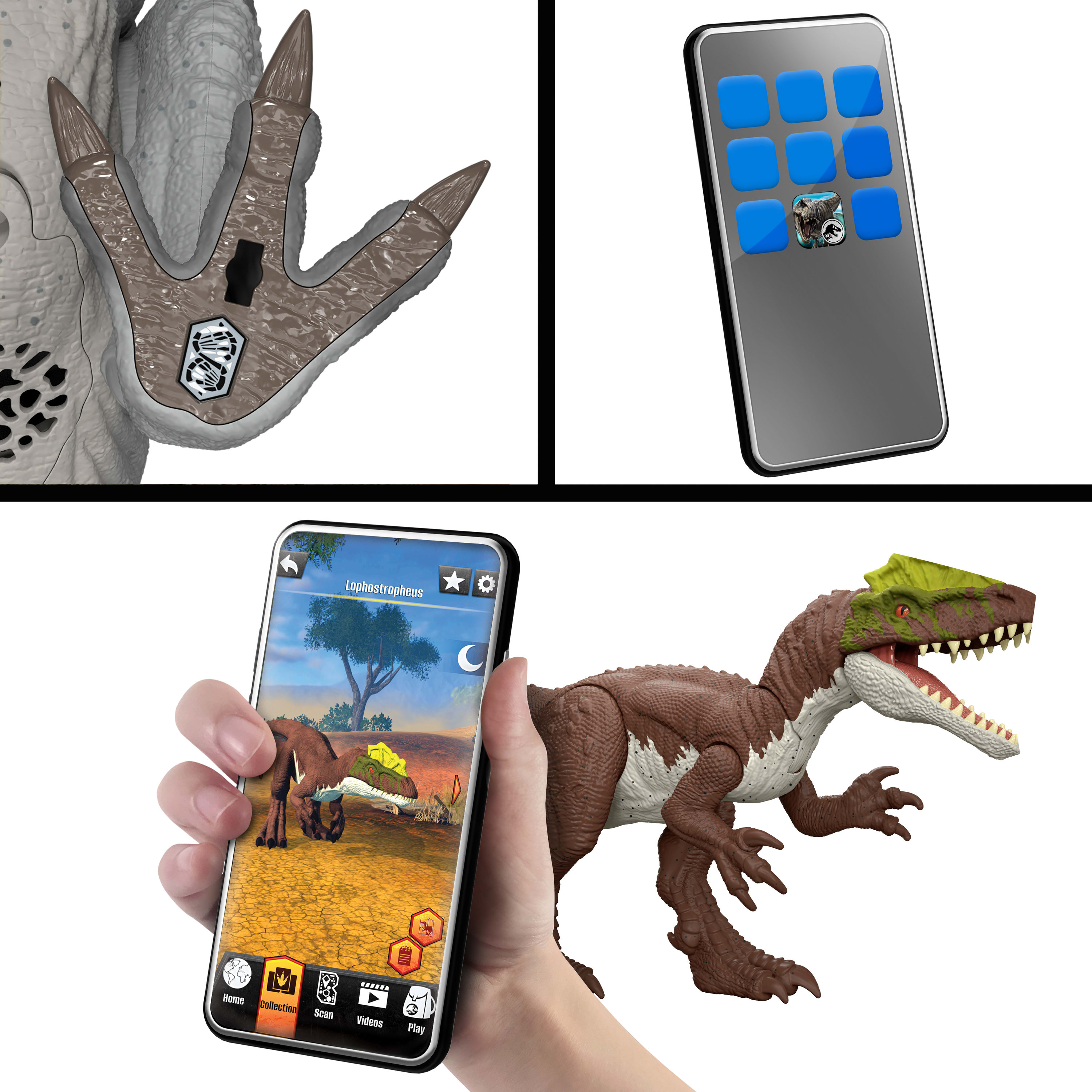 Eine Dinosaurierkralle mit QR-Code, ein Smartphone und ein Spielzeugdinosaurier sind im Bild.