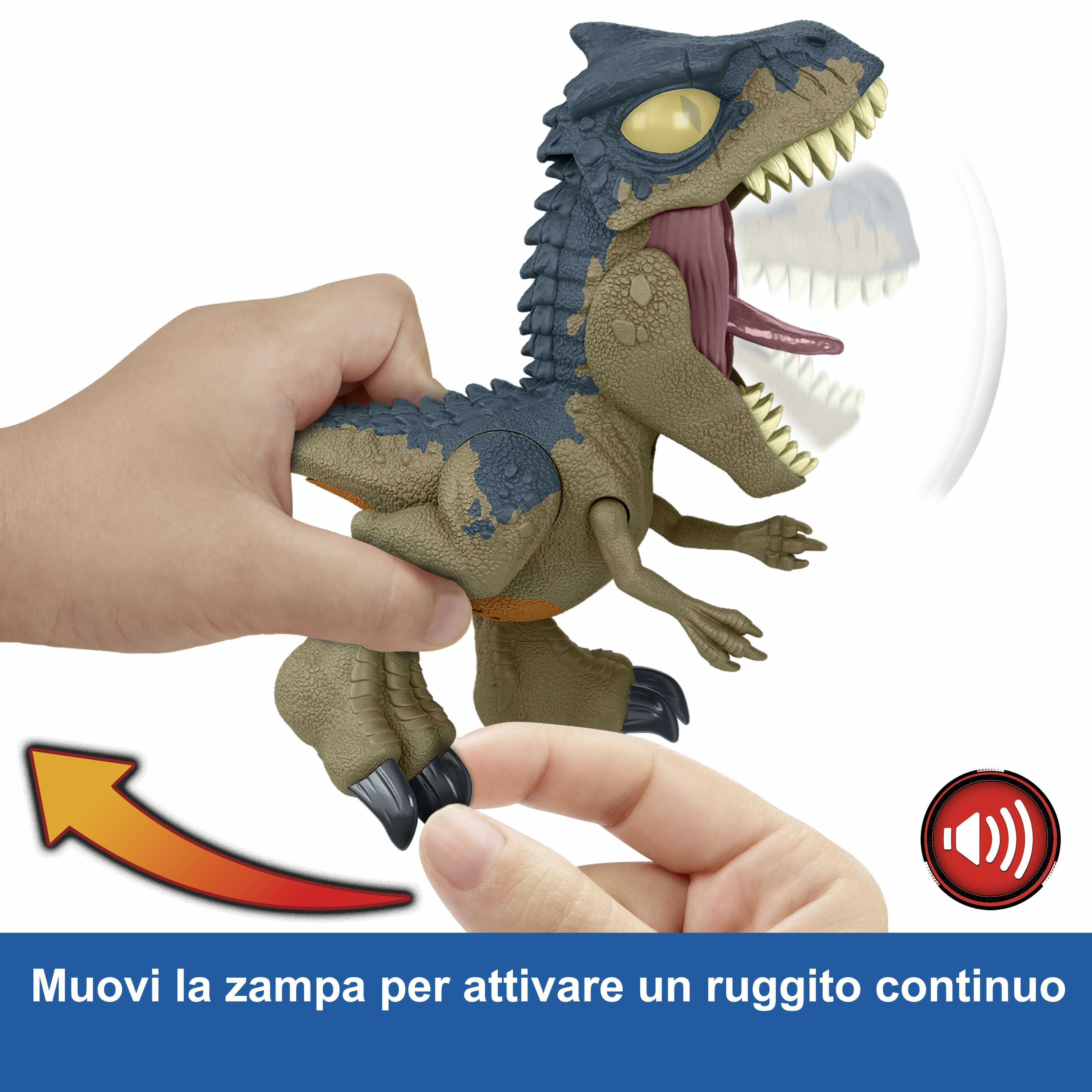 Zabawkowy dinozaur trzymany w dłoniach. Otwarta buzia, język na wierzchu. Tekst: 'Porusz nogą, aby aktywować ryk'.