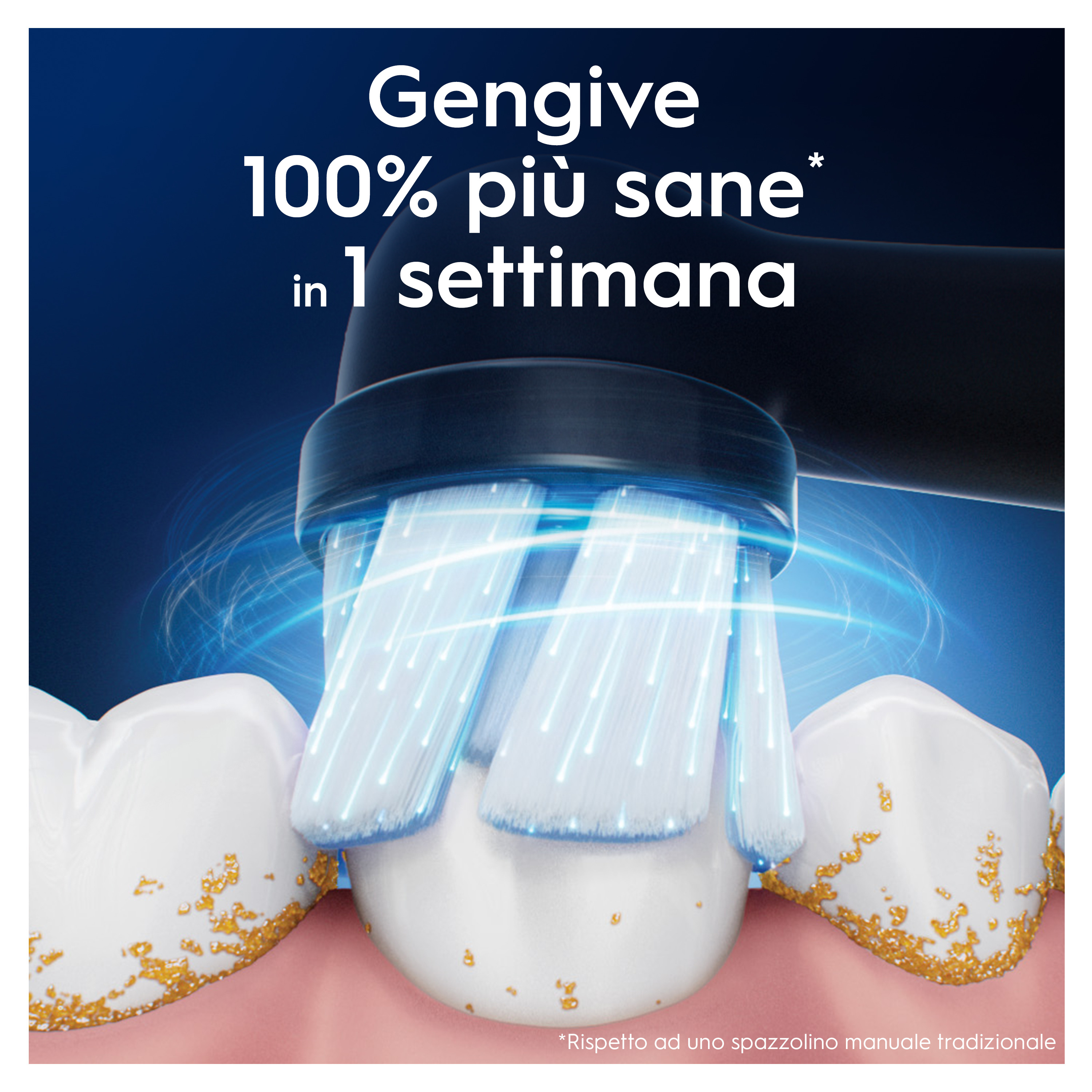 Elektryczna szczoteczka do zębów czyści zęby. Tekst: '100% zdrowsze dziąsła w 1 tydzień'. Zęby z płytką.