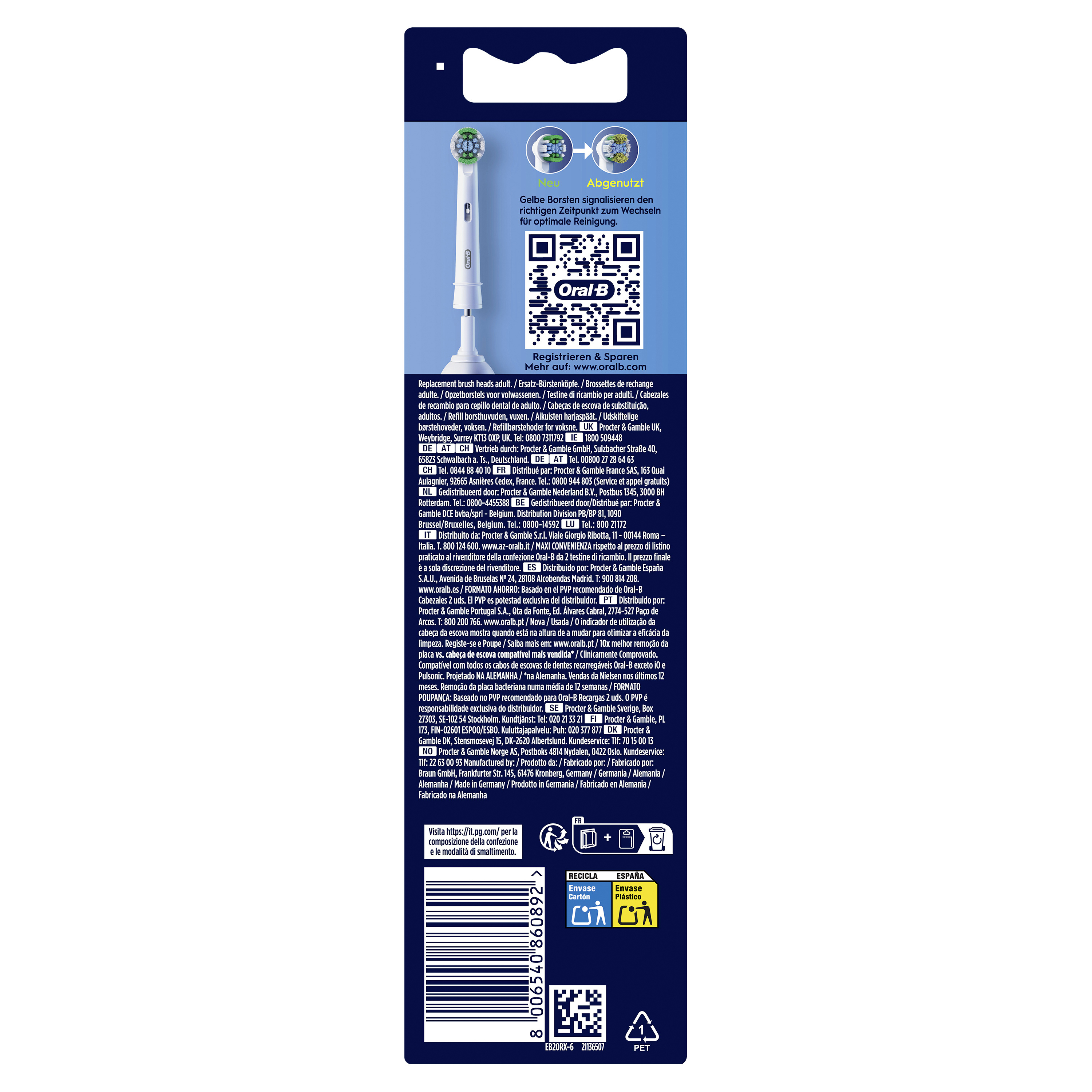 Verpackung für Oral-B-Zahnbürstenköpfe. Sie zeigt einen Bürstenkopf, Text und Recyclingsymbole.