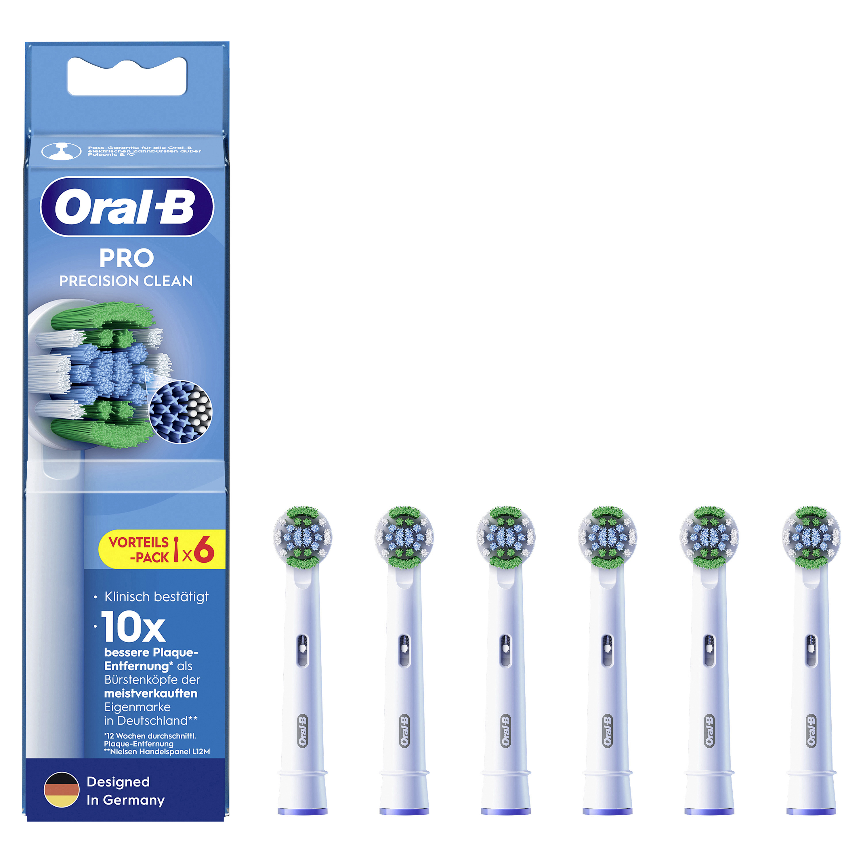 Oral-B Pro Precision Clean Zahnbürstenköpfe, 6er-Pack. Box mit Köpfen und einem Musterkopf. Grüne und blaue Borsten.