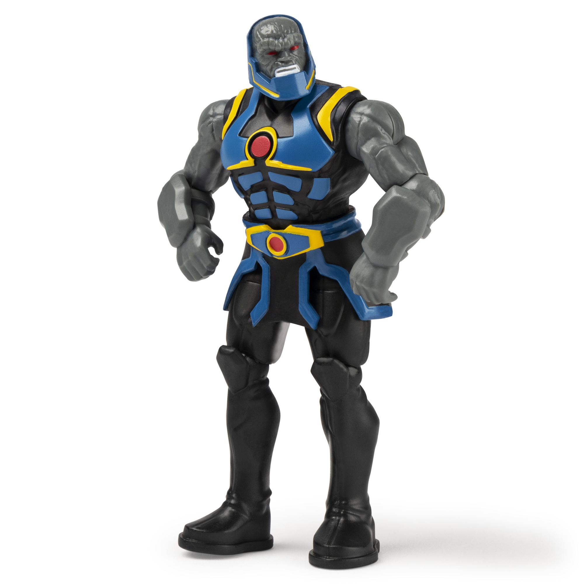 Un personaggio d'azione di Darkseid è in piedi rivolto in avanti. Ha un viso e un corpo grigi, un'armatura blu e gialla e stivali neri.