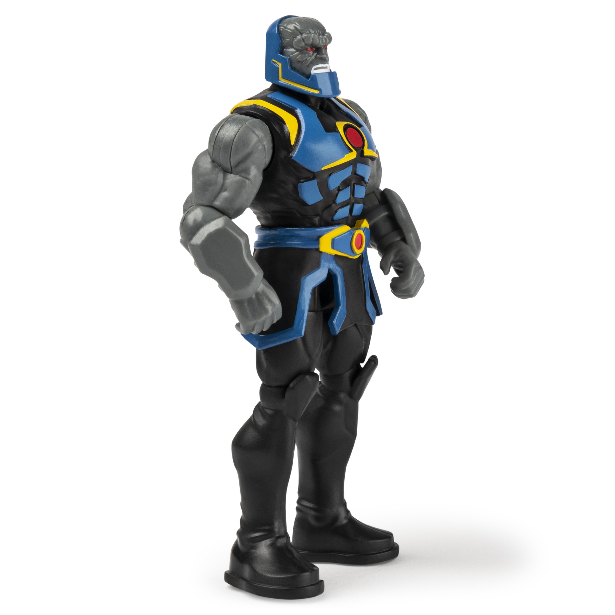 Una action figure di Darkseid è mostrata. Ha testa e corpo grigi con un costume blu e nero. Si trova su una superficie bianca.