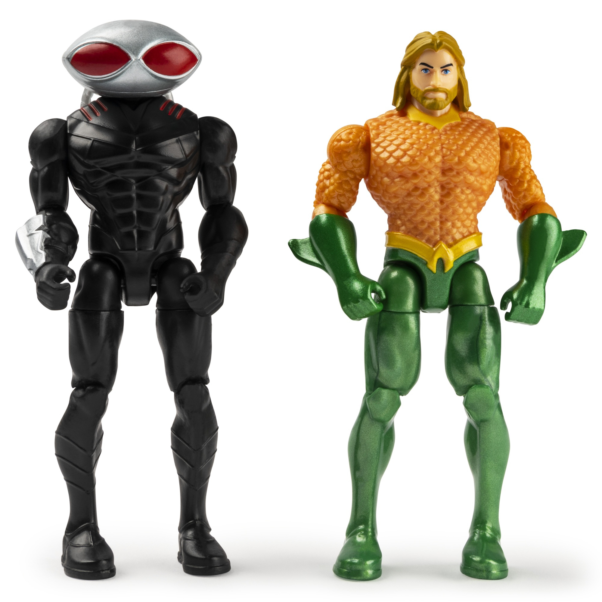 Due action figure: Black Manta con casco argentato e occhi rossi, e Aquaman con torso arancione e dettagli verdi.
