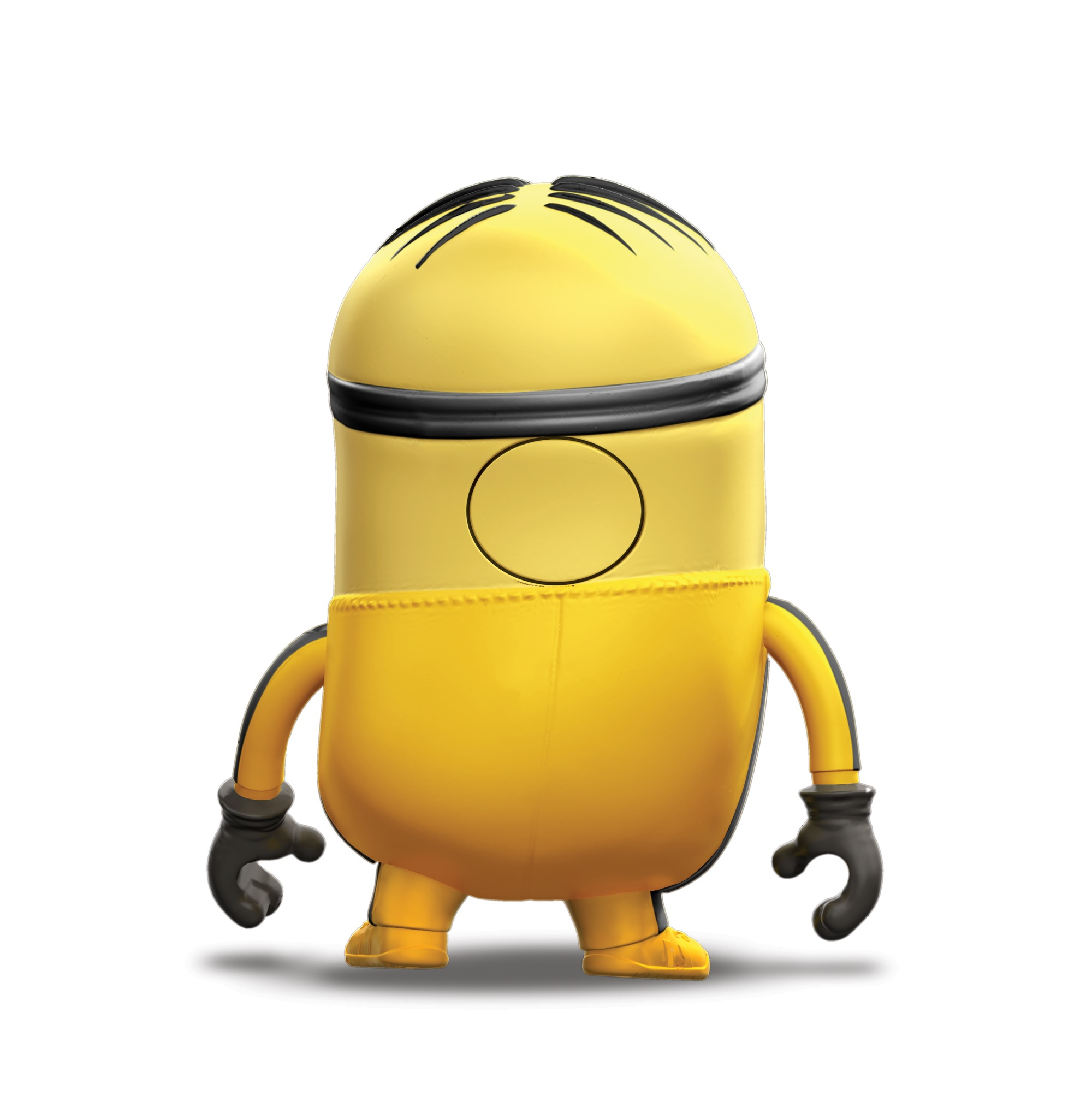 Ein gelber Minion-Charakter mit schwarzen Haaren und Handschuhen. Er trägt gelbe Overalls und steht auf weißem Hintergrund.