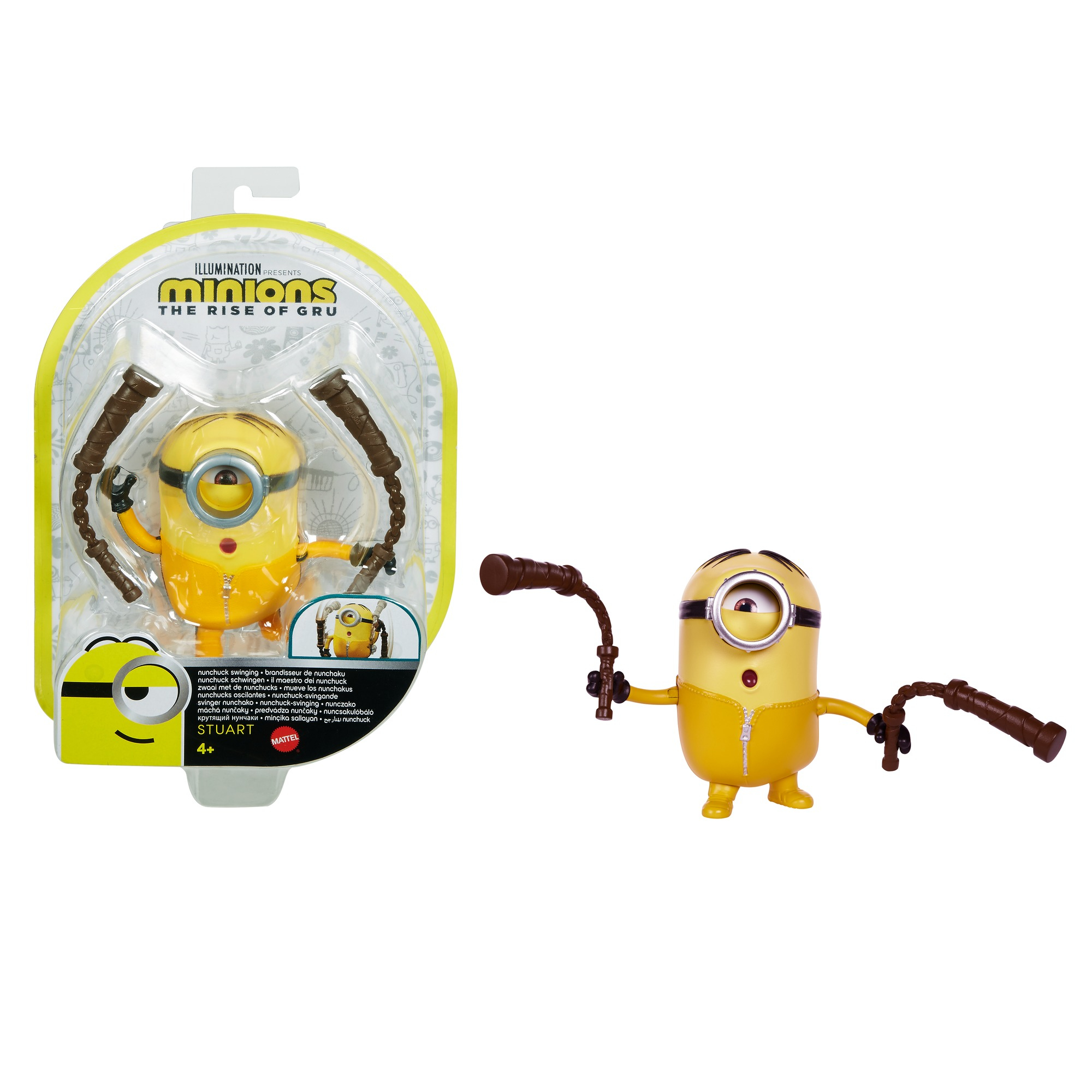 Ein gelbes Minion-Spielzeug mit einem Auge, das einen gelben Anzug trägt und braune Nunchakus hält. Verpackung im Hintergrund.