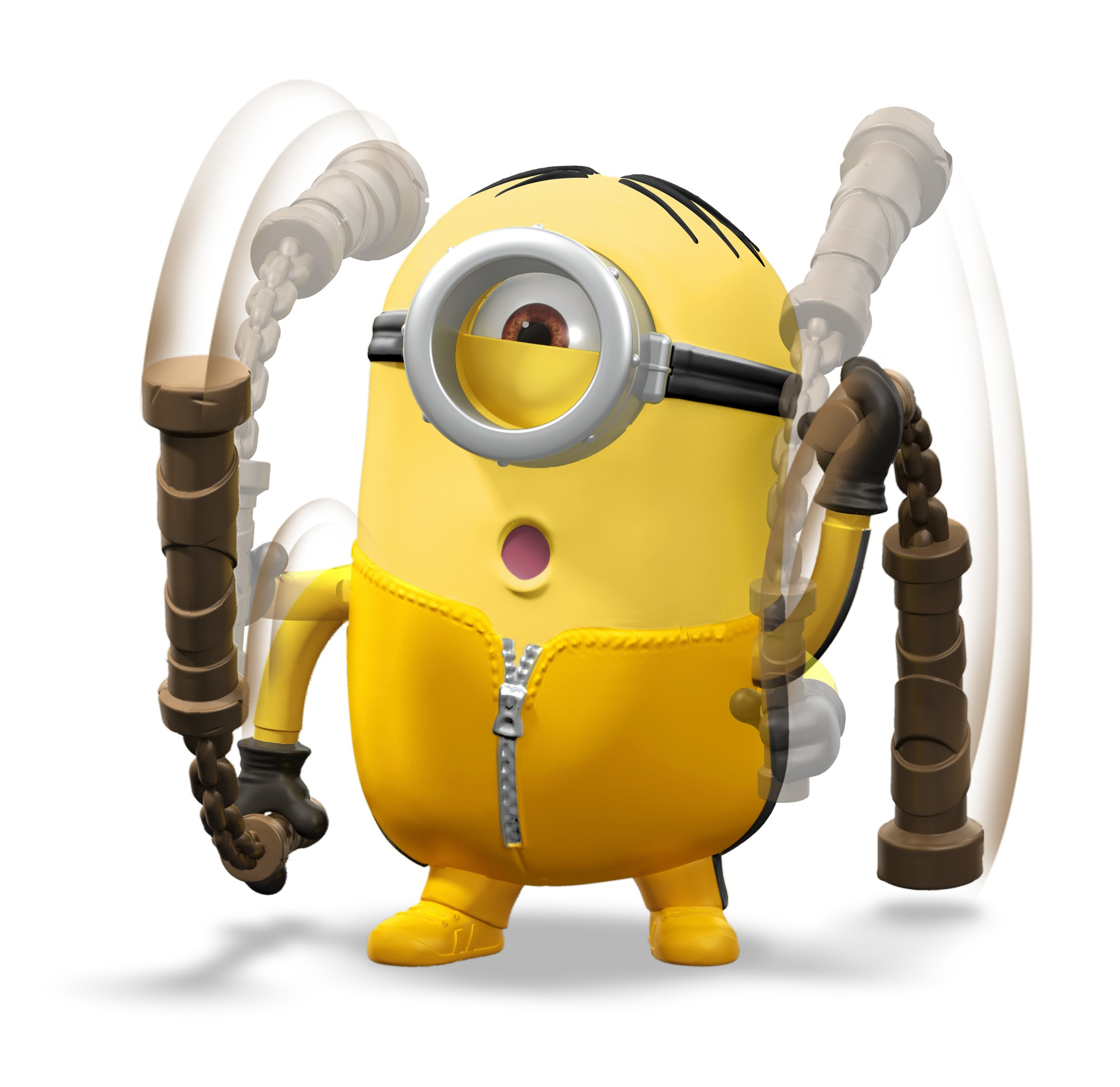 Eine gelbe Minion-Figur mit sich bewegenden Nunchucks, trägt einen gelben Overall. Der Hintergrund ist weiß.